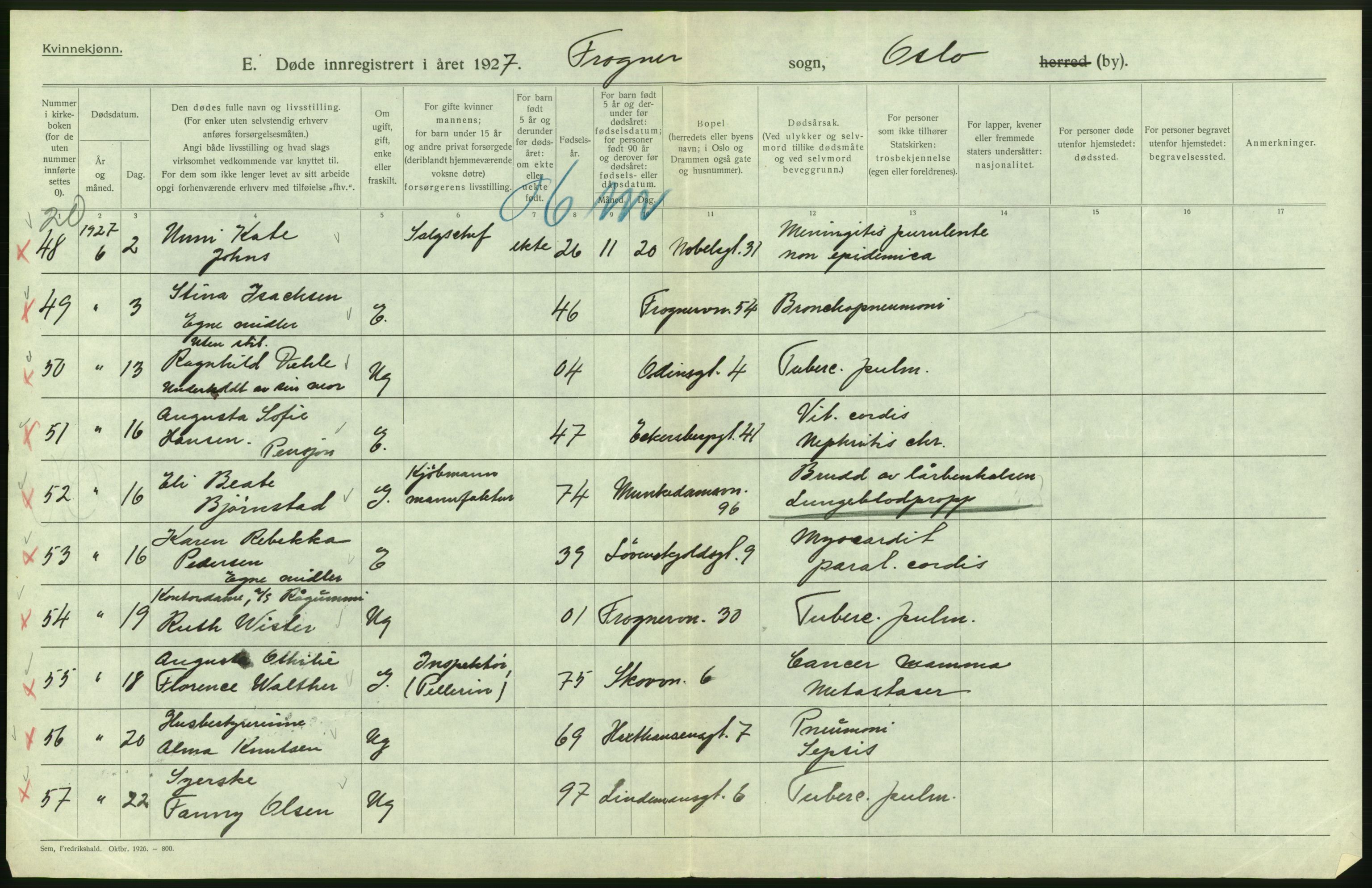 Statistisk sentralbyrå, Sosiodemografiske emner, Befolkning, AV/RA-S-2228/D/Df/Dfc/Dfcg/L0010: Oslo: Døde kvinner, dødfødte, 1927, p. 254