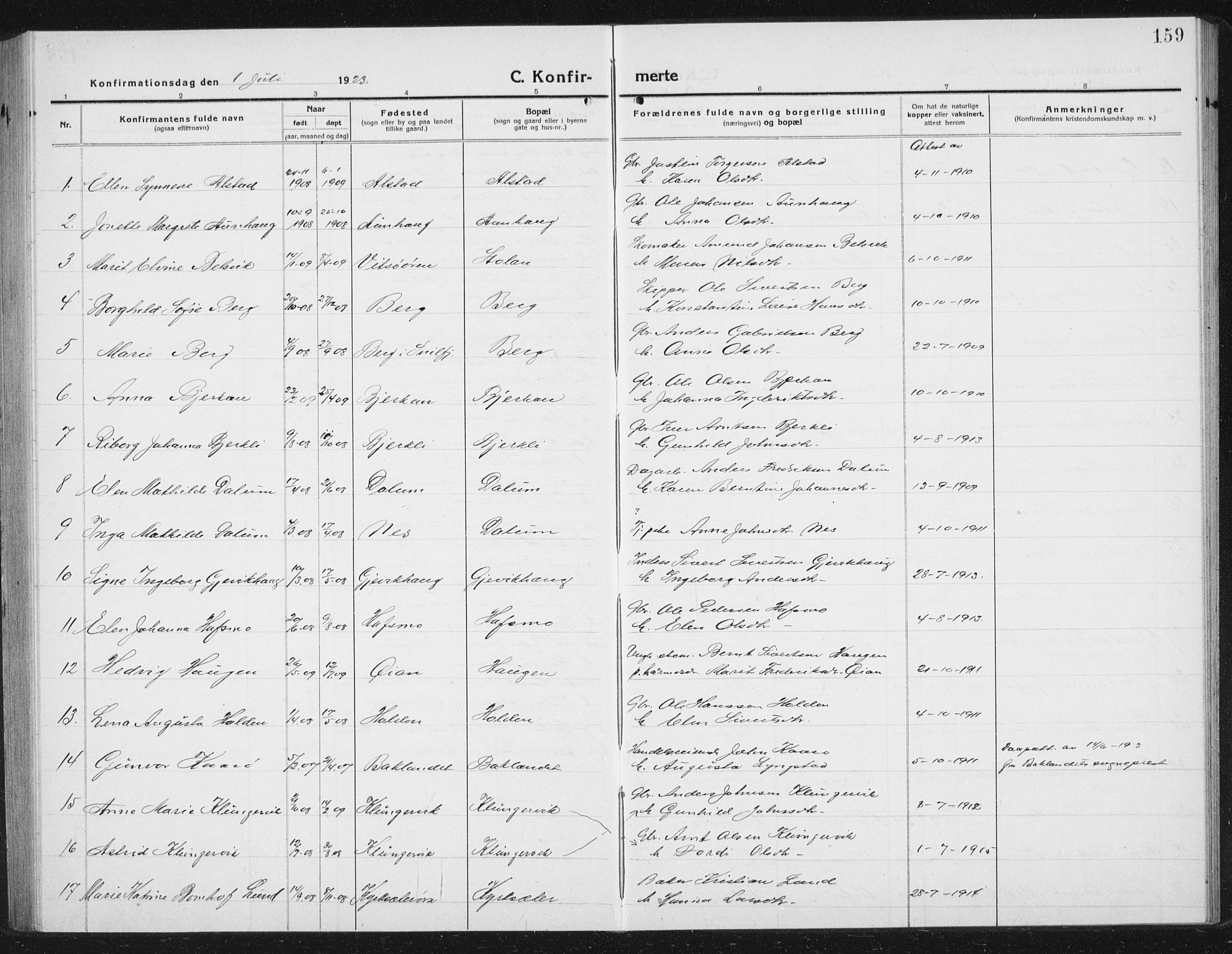 Ministerialprotokoller, klokkerbøker og fødselsregistre - Sør-Trøndelag, SAT/A-1456/630/L0506: Parish register (copy) no. 630C04, 1914-1933, p. 159