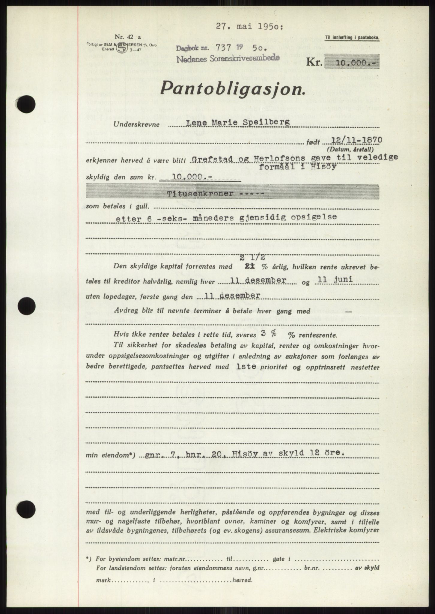 Nedenes sorenskriveri, AV/SAK-1221-0006/G/Gb/Gbb/L0007: Mortgage book no. B7, 1949-1950, Diary no: : 737/1950