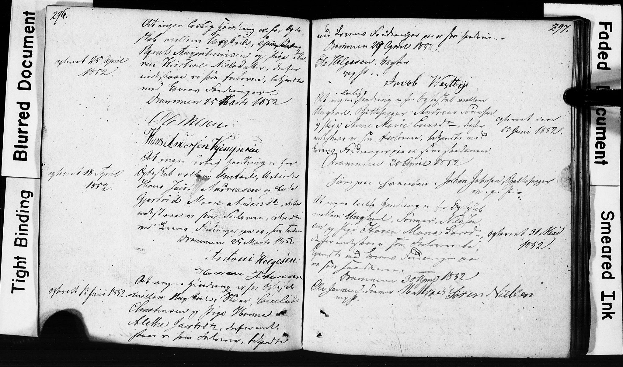 Strømsø kirkebøker, AV/SAKO-A-246/H/Hb/L0002: Best man's statements no. 2, 1815-1857, p. 296-297