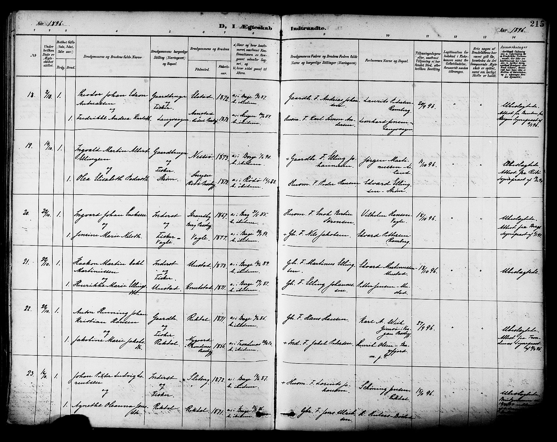 Ministerialprotokoller, klokkerbøker og fødselsregistre - Nordland, AV/SAT-A-1459/880/L1133: Parish register (official) no. 880A07, 1888-1898, p. 215