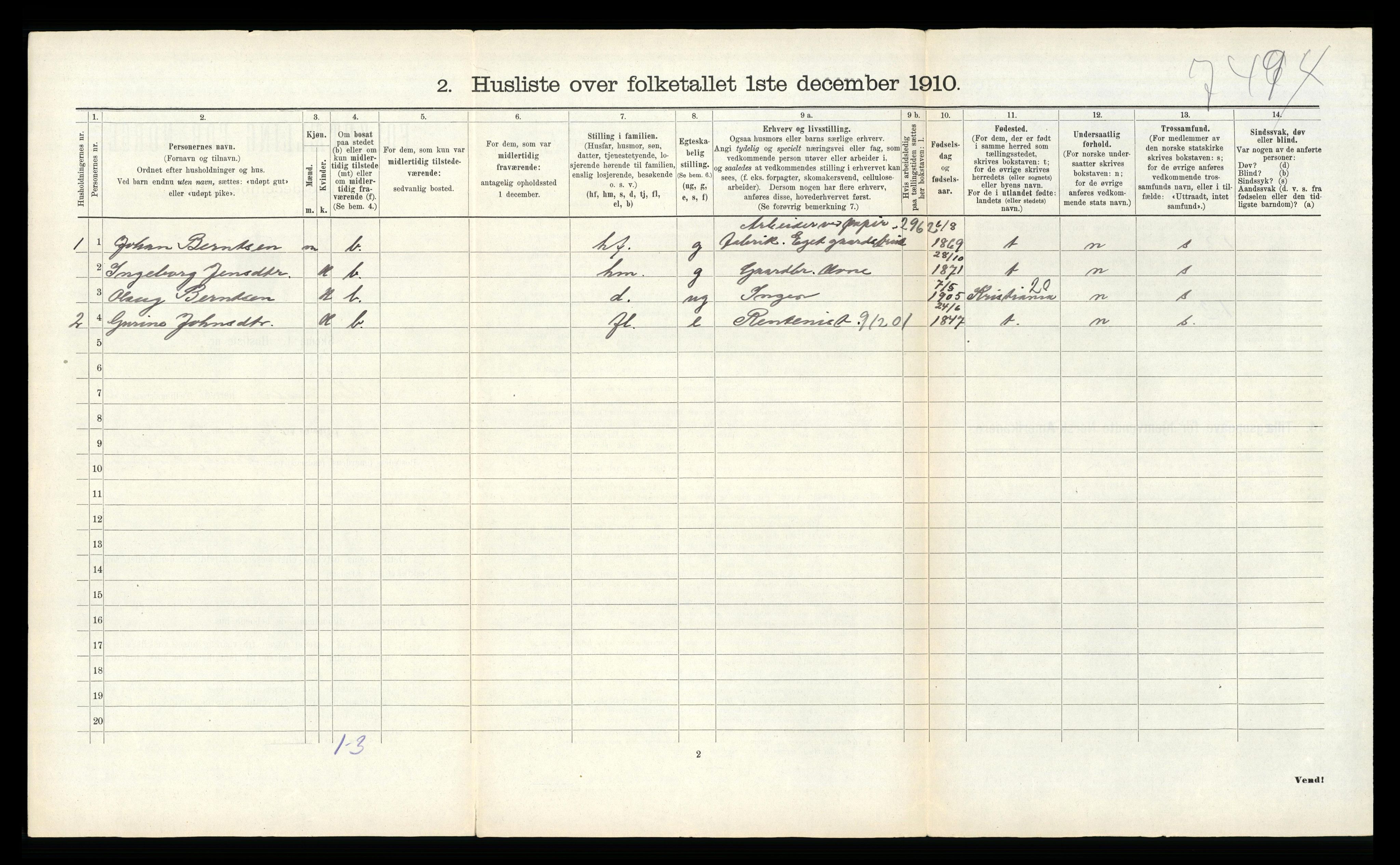 RA, 1910 census for Vennesla, 1910, p. 213