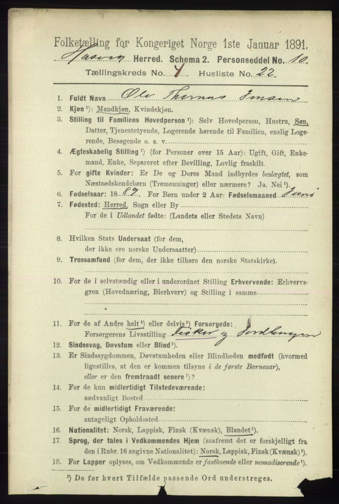 RA, 1891 census for 2015 Hasvik, 1891, p. 601