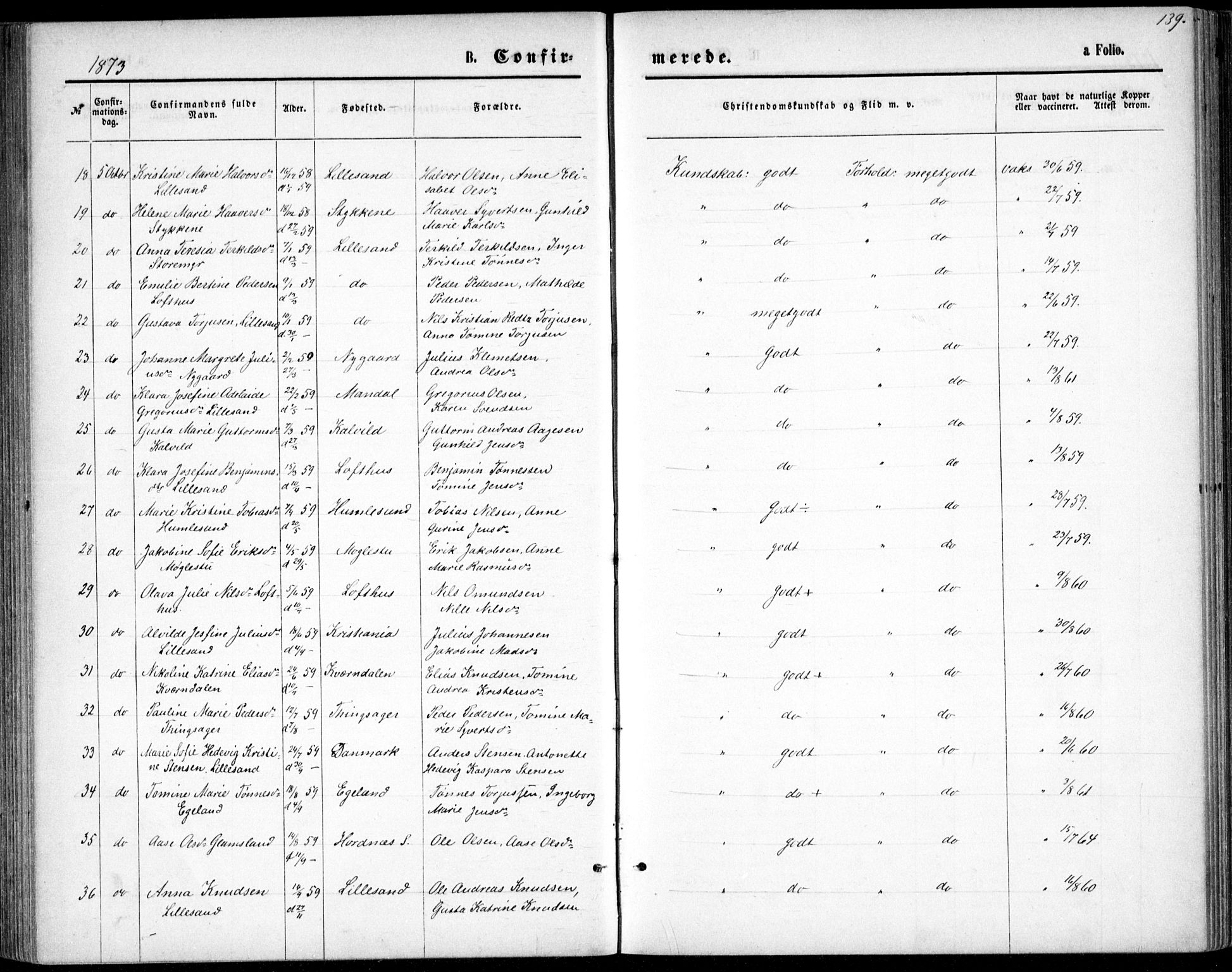 Vestre Moland sokneprestkontor, AV/SAK-1111-0046/F/Fb/Fbb/L0005: Parish register (copy) no. B 5, 1872-1883, p. 139