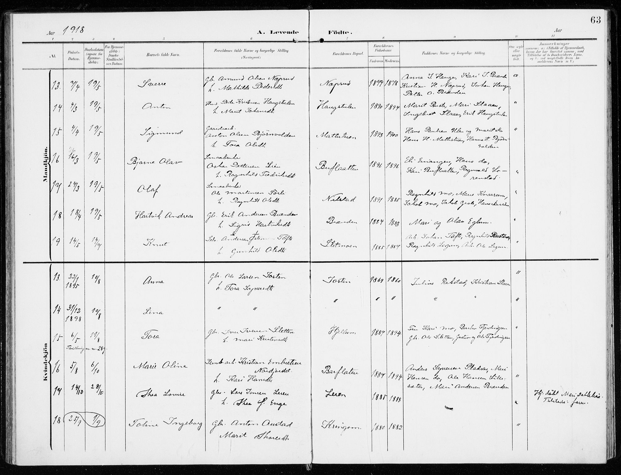 Sel prestekontor, AV/SAH-PREST-074/H/Ha/Haa/L0002: Parish register (official) no. 2, 1905-1919, p. 63