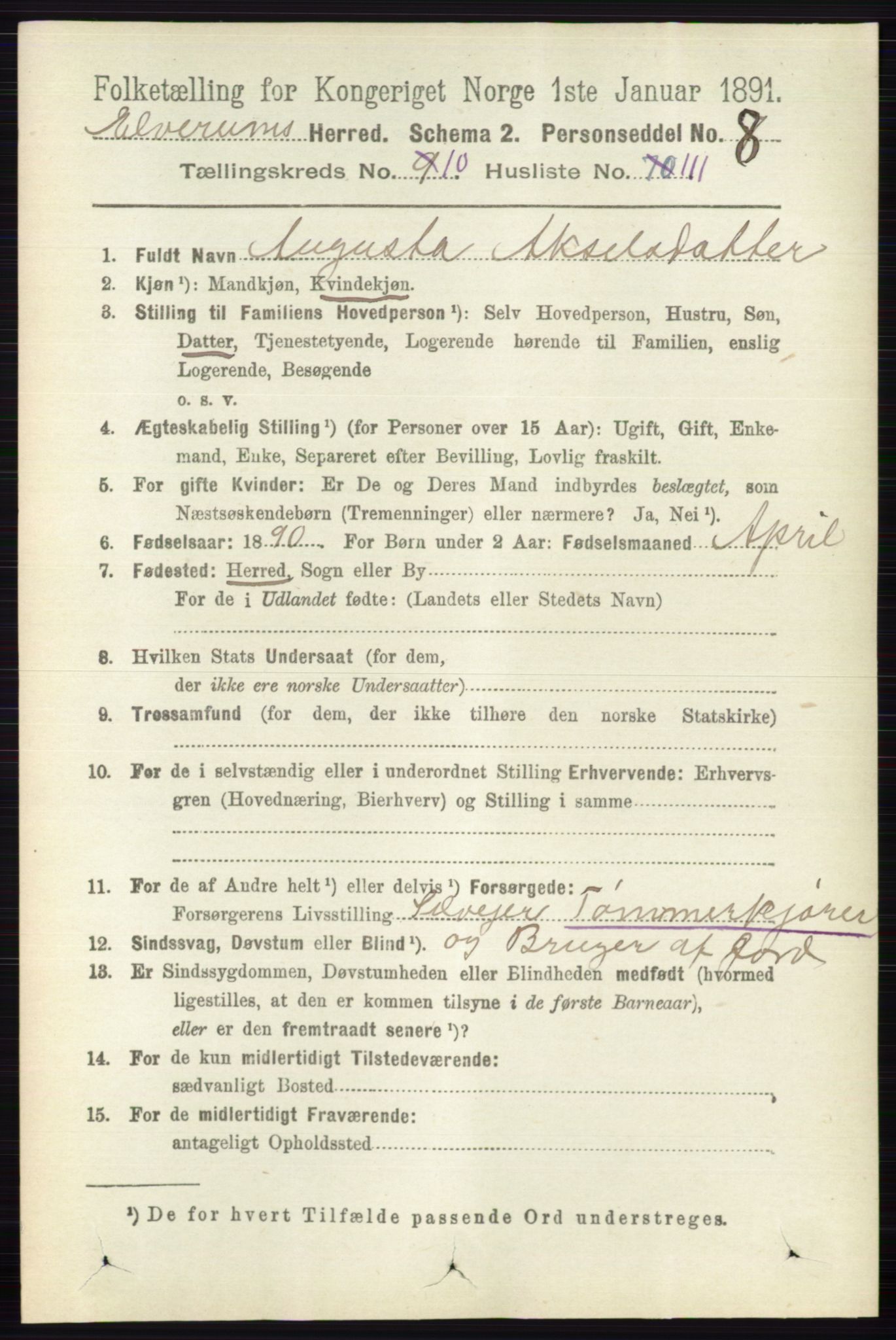 RA, 1891 census for 0427 Elverum, 1891, p. 8921