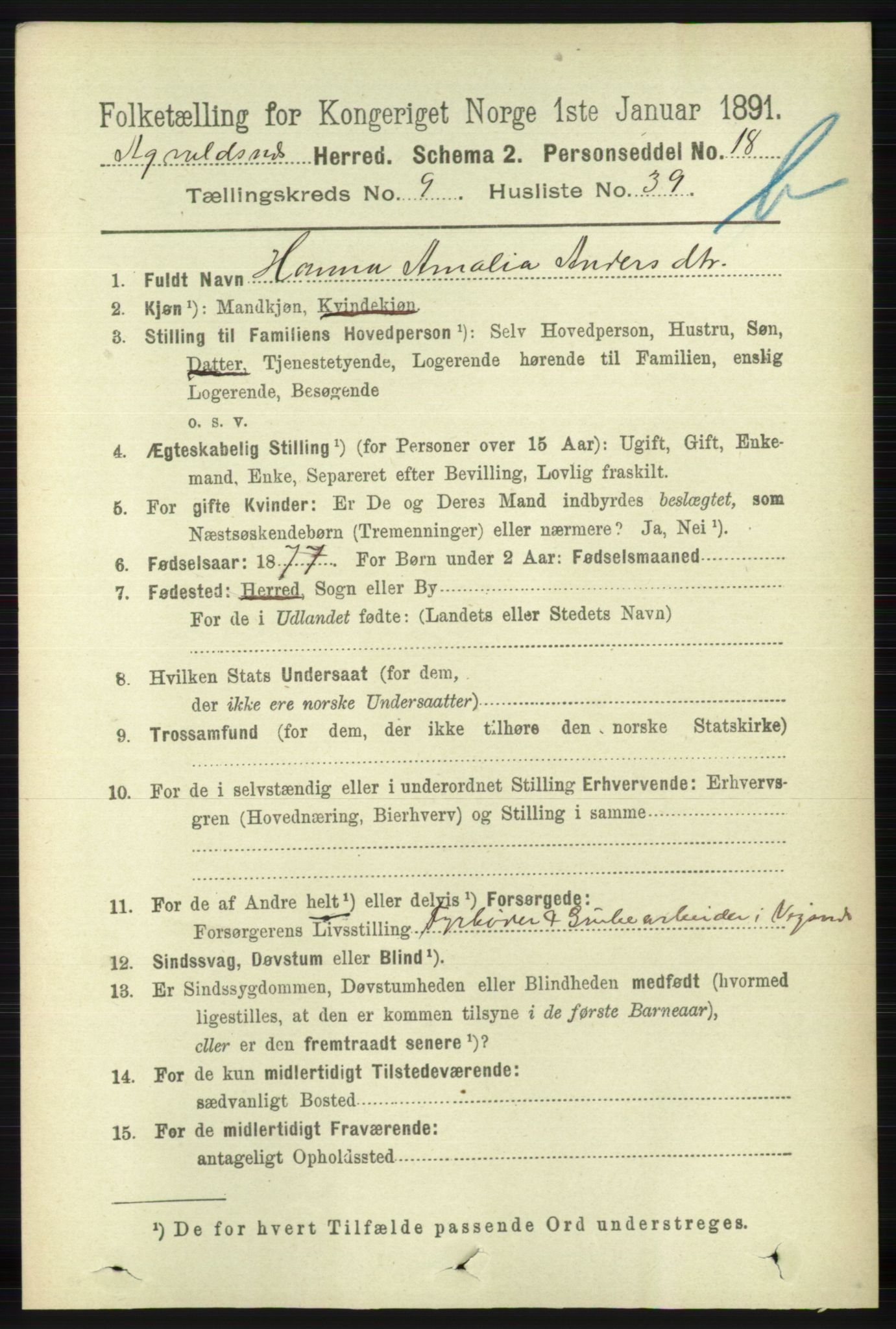 RA, 1891 census for 1147 Avaldsnes, 1891, p. 5497