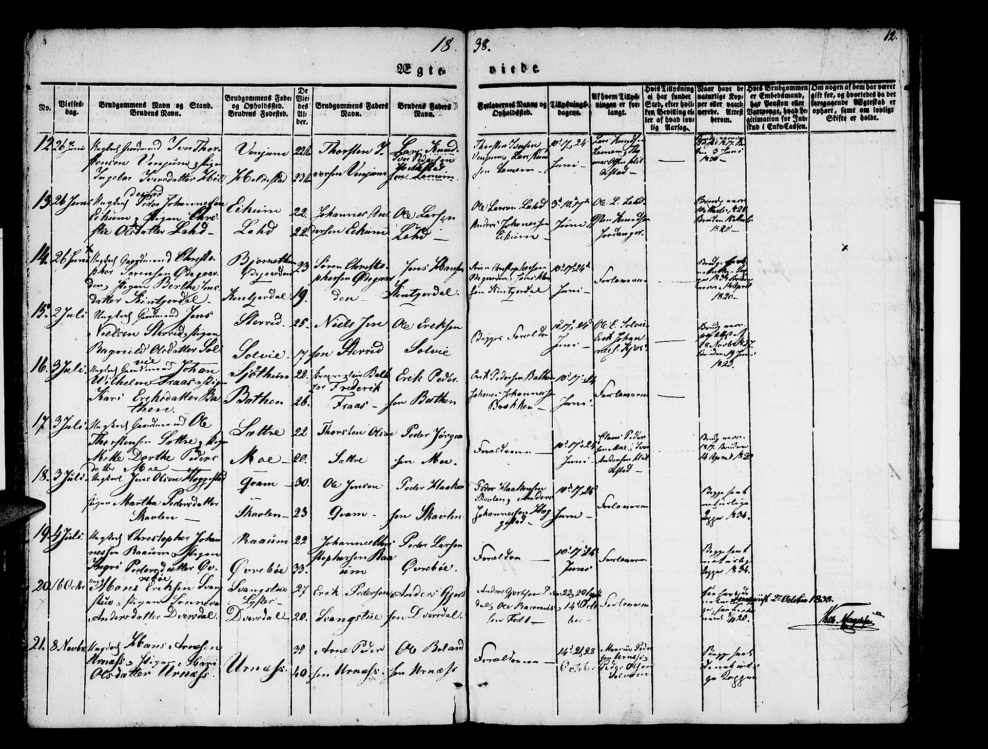 Hafslo sokneprestembete, AV/SAB-A-80301/H/Haa/Haaa/L0007: Parish register (official) no. A 7, 1834-1854, p. 12