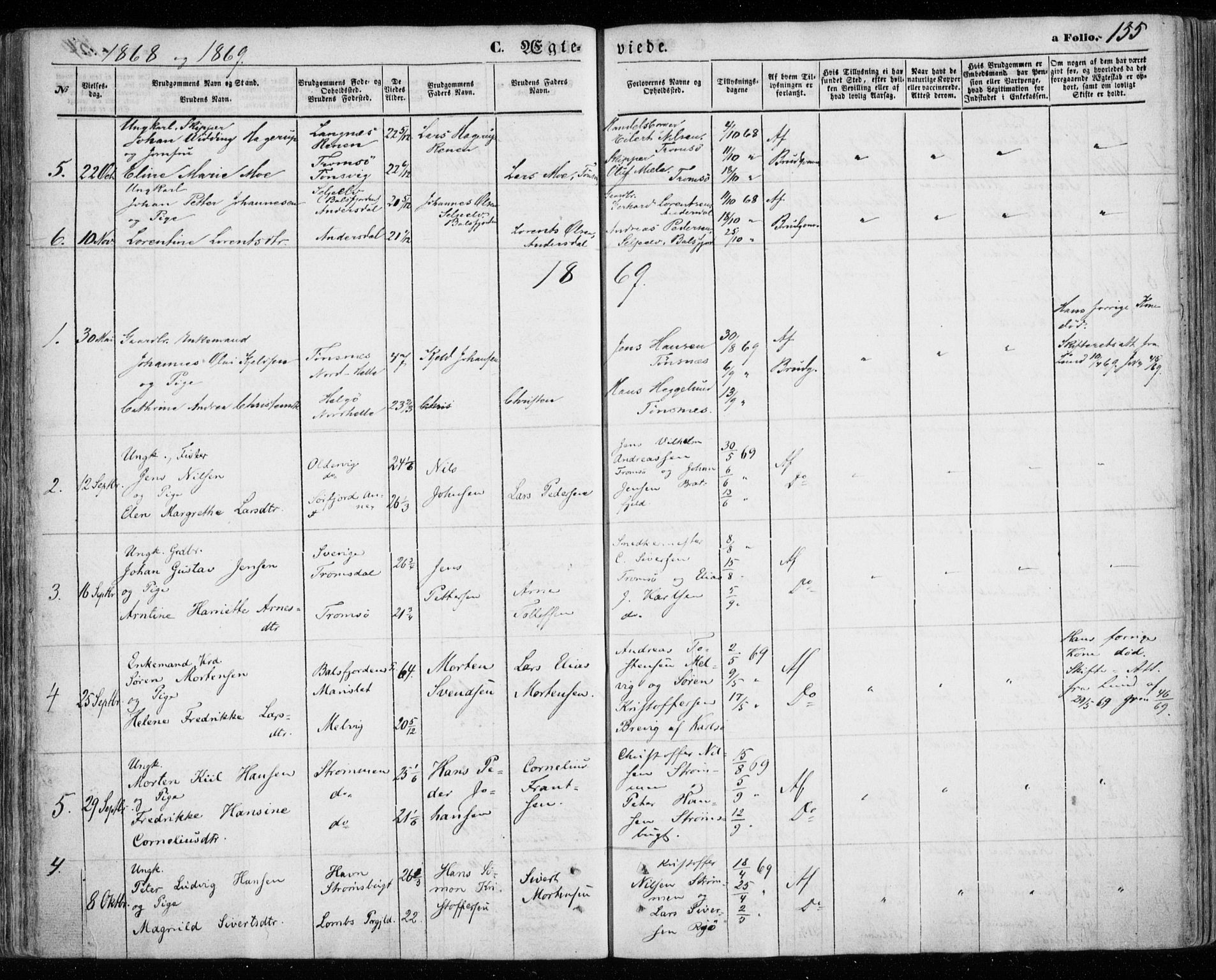 Tromsøysund sokneprestkontor, AV/SATØ-S-1304/G/Ga/L0002kirke: Parish register (official) no. 2, 1867-1875, p. 155