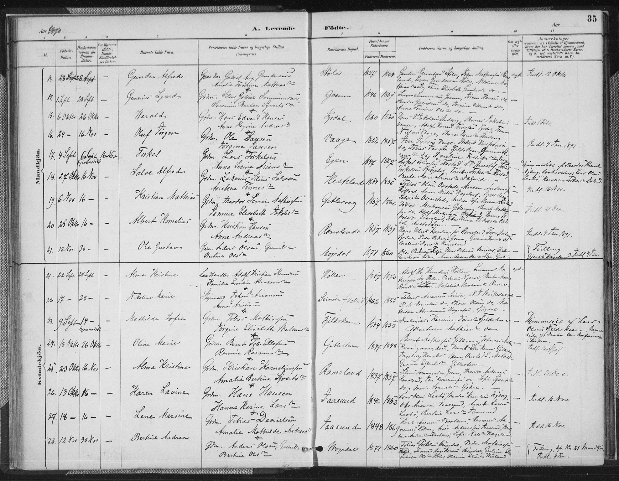 Sør-Audnedal sokneprestkontor, AV/SAK-1111-0039/F/Fa/Faa/L0004: Parish register (official) no. A 4, 1884-1909, p. 35