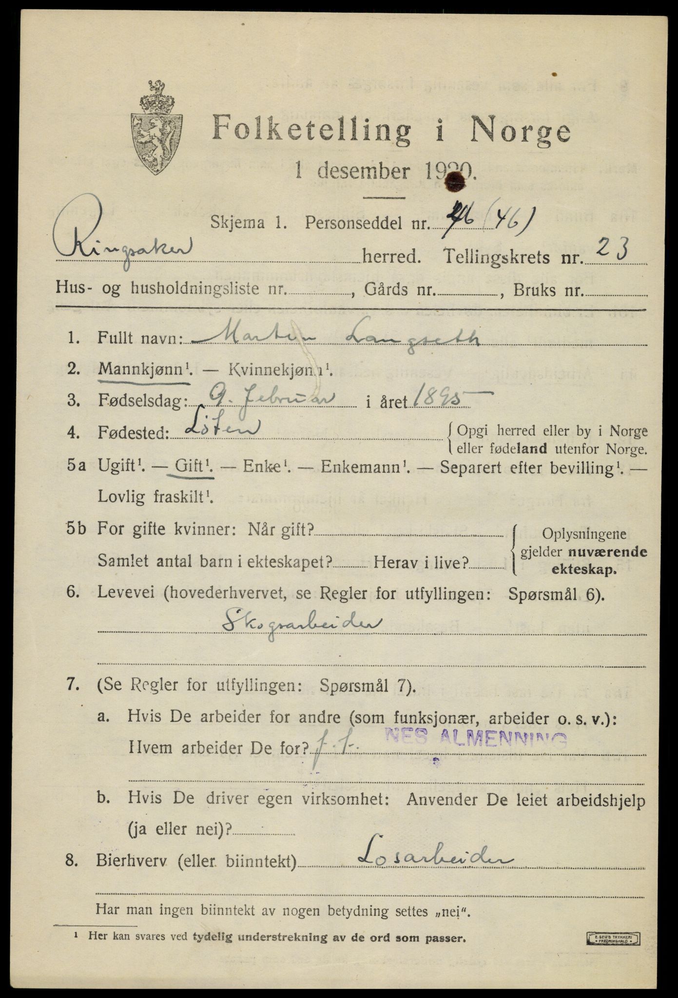 SAH, 1920 census for Ringsaker, 1920, p. 29762