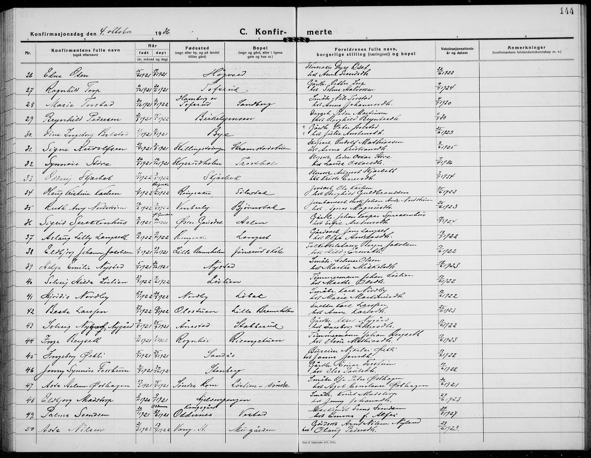 Løten prestekontor, AV/SAH-PREST-022/L/La/L0009: Parish register (copy) no. 9, 1930-1939, p. 144