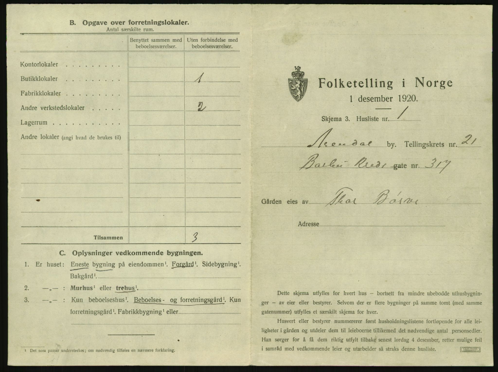 SAK, 1920 census for Arendal, 1920, p. 3228