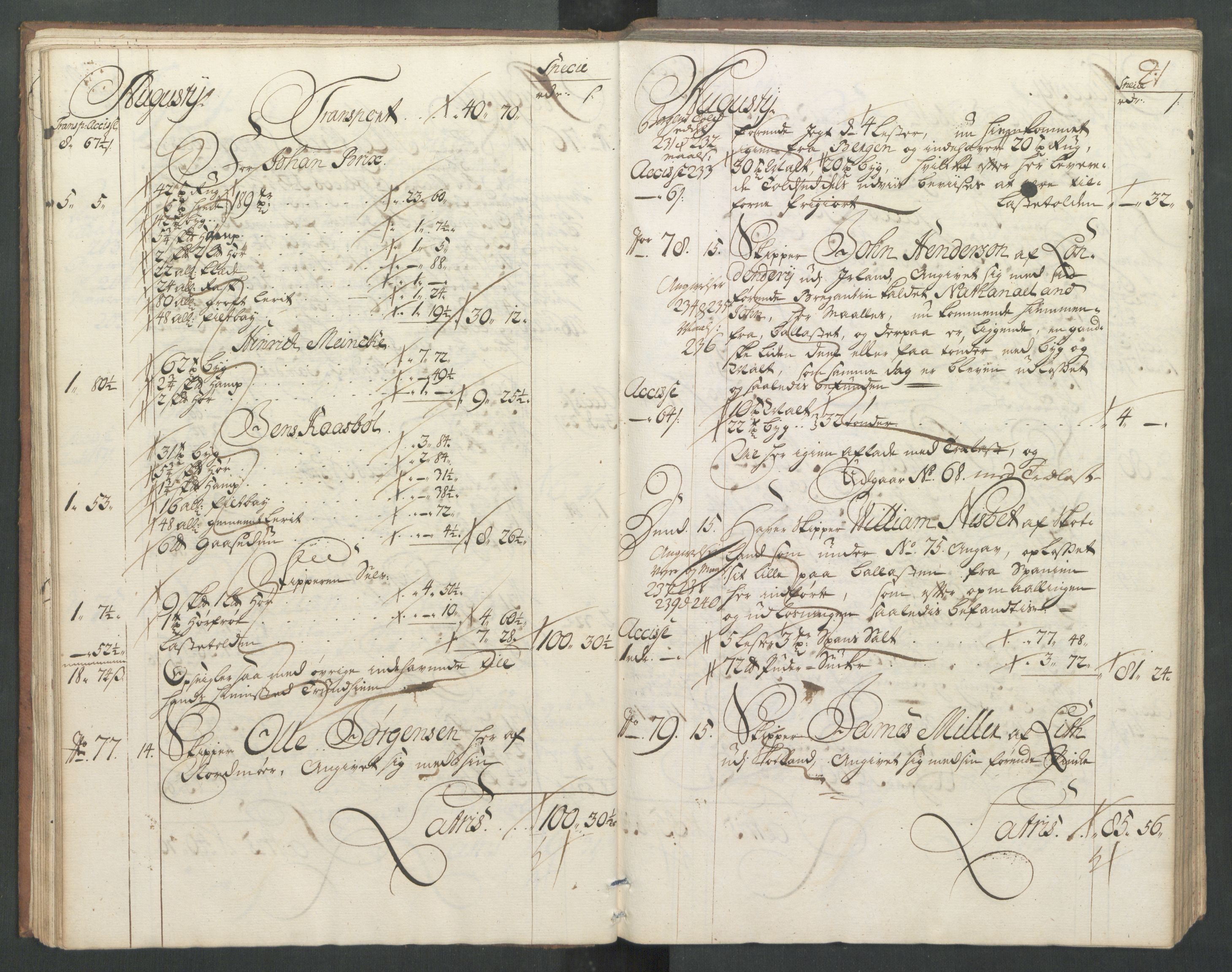 Generaltollkammeret, tollregnskaper, RA/EA-5490/R32/L0004/0001: Tollregnskaper Kristiansund / Hovedtollbok, 1731, p. 20b-21a