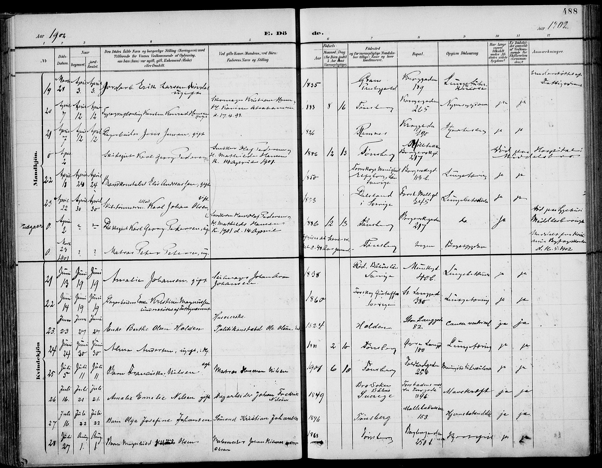 Tønsberg kirkebøker, AV/SAKO-A-330/F/Fa/L0013: Parish register (official) no. I 13, 1900-1913, p. 488