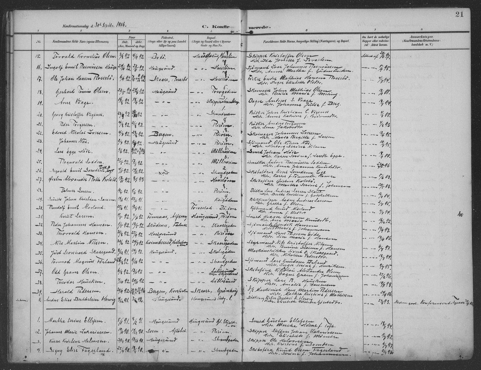 Haugesund sokneprestkontor, AV/SAST-A -101863/H/Ha/Haa/L0007: Parish register (official) no. A 7, 1904-1916, p. 21