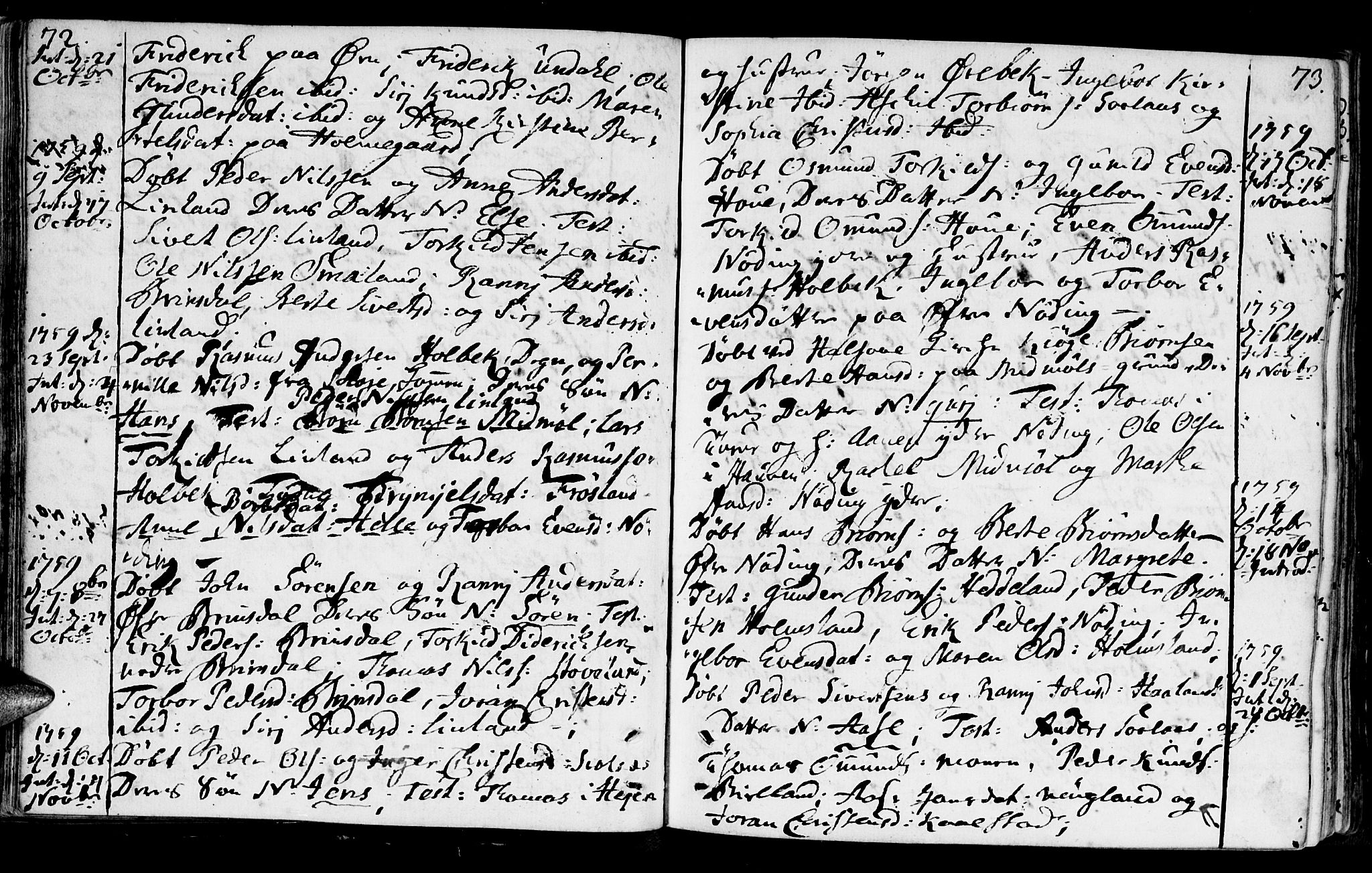 Holum sokneprestkontor, AV/SAK-1111-0022/F/Fa/Faa/L0002: Parish register (official) no. A 2, 1756-1780, p. 72-73