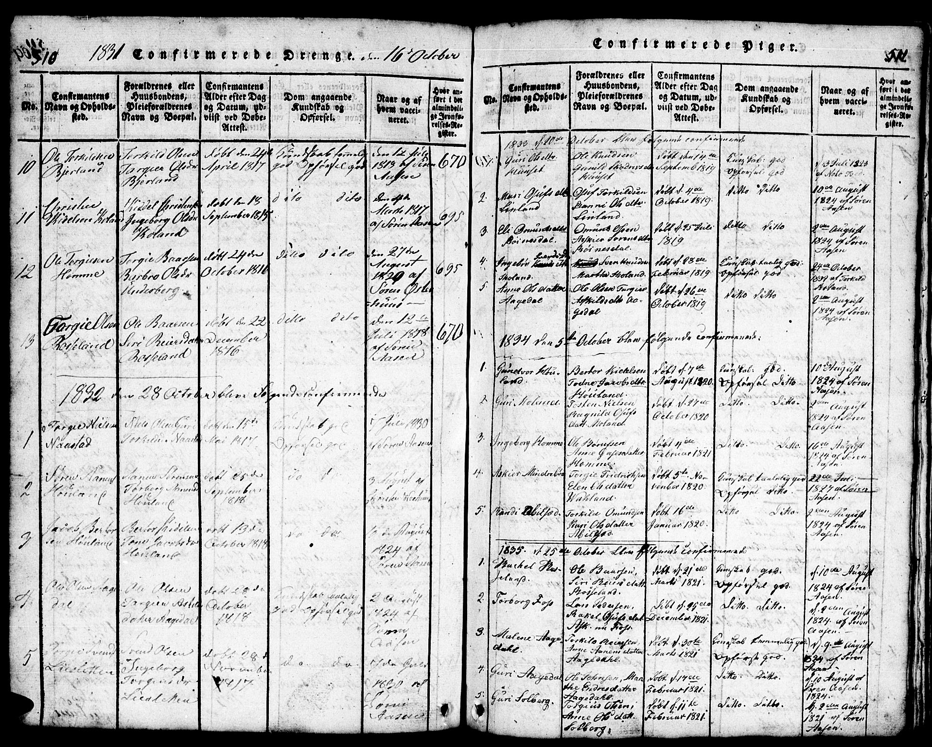 Bjelland sokneprestkontor, AV/SAK-1111-0005/F/Fb/Fba/L0003: Parish register (copy) no. B 3, 1816-1870, p. 510-511