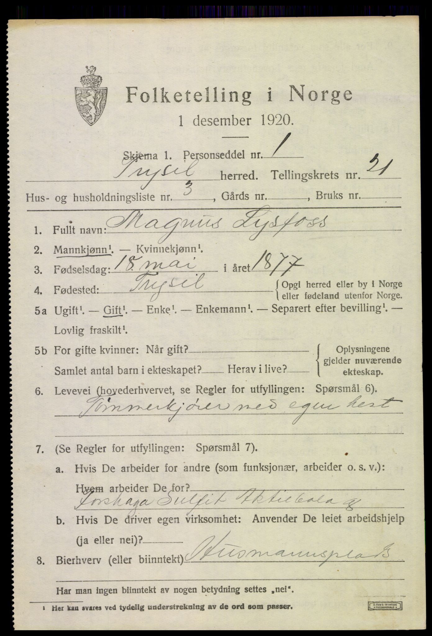 SAH, 1920 census for Trysil, 1920, p. 13771