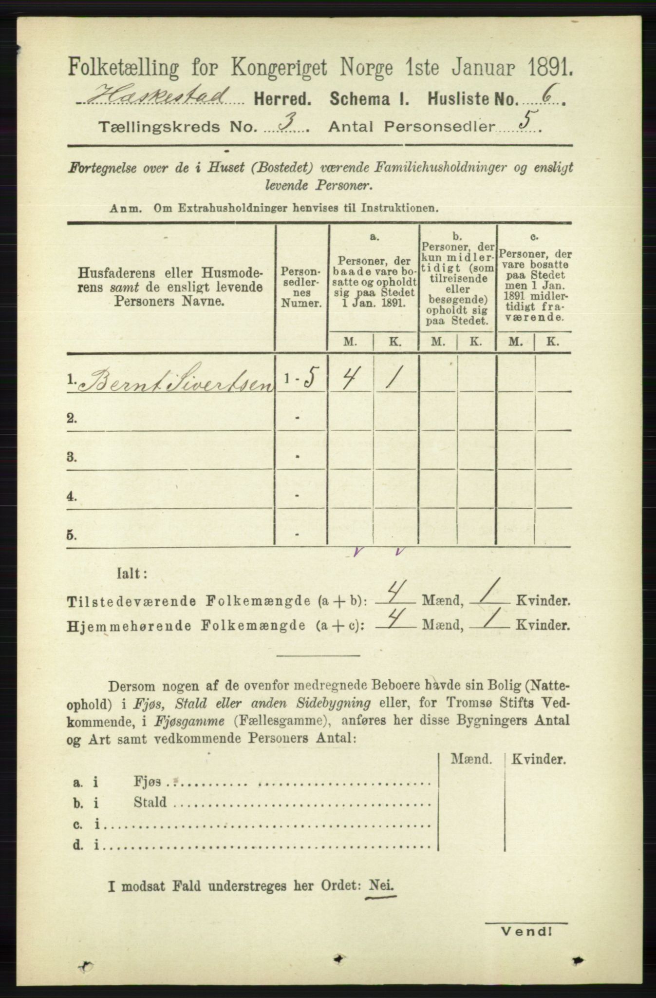 RA, 1891 census for 1113 Heskestad, 1891, p. 397