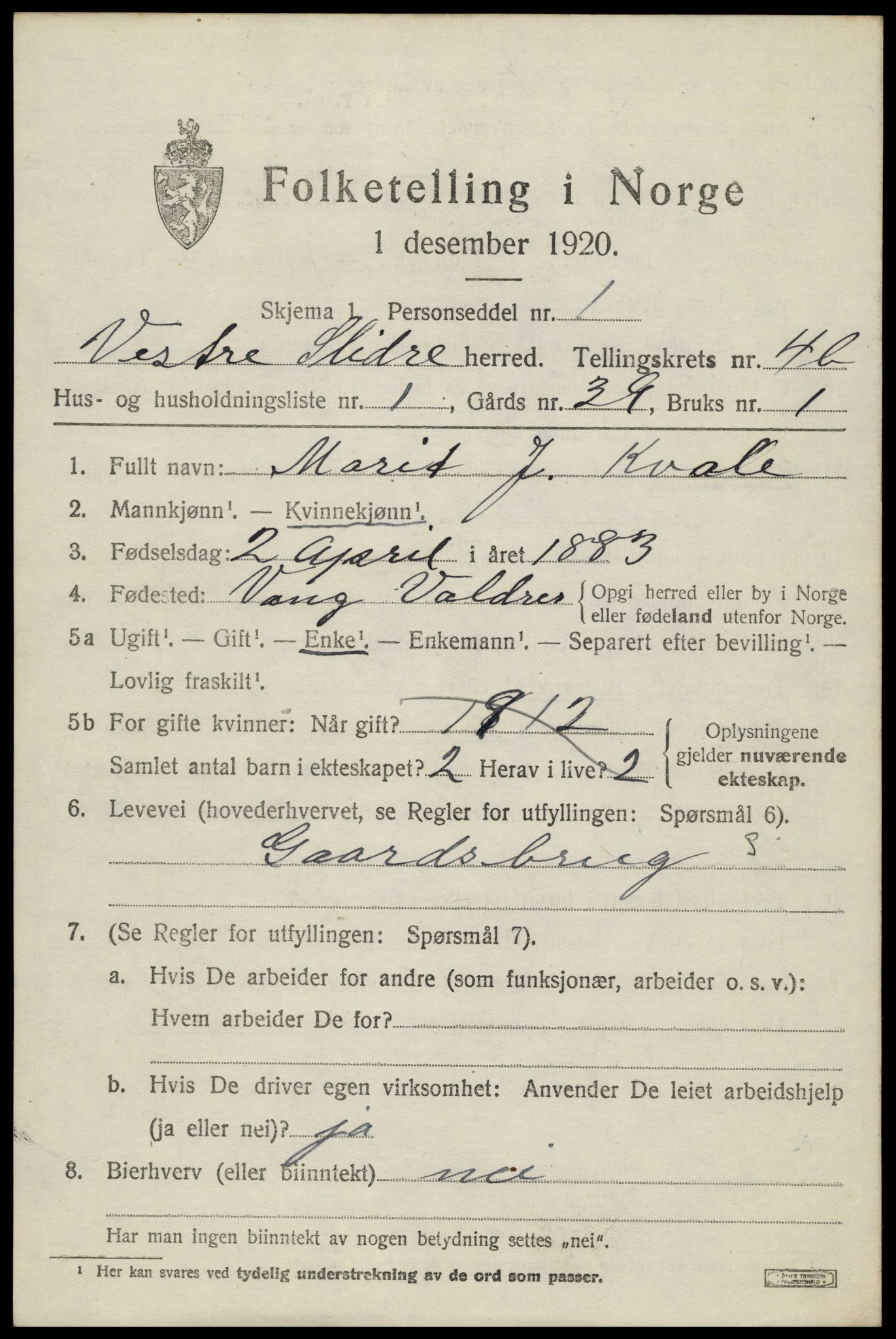 SAH, 1920 census for Vestre Slidre, 1920, p. 2278
