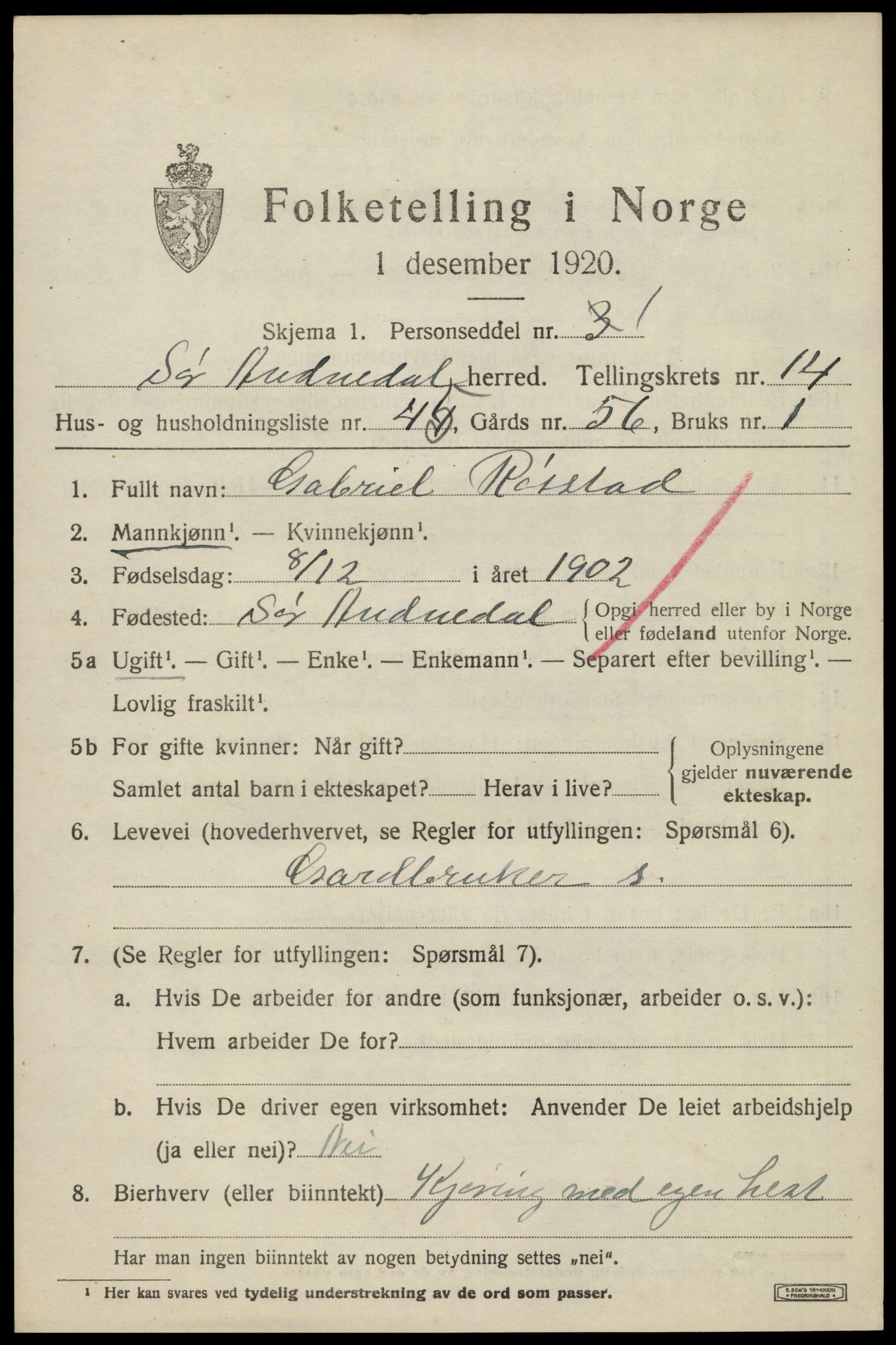 SAK, 1920 census for Sør-Audnedal, 1920, p. 5595
