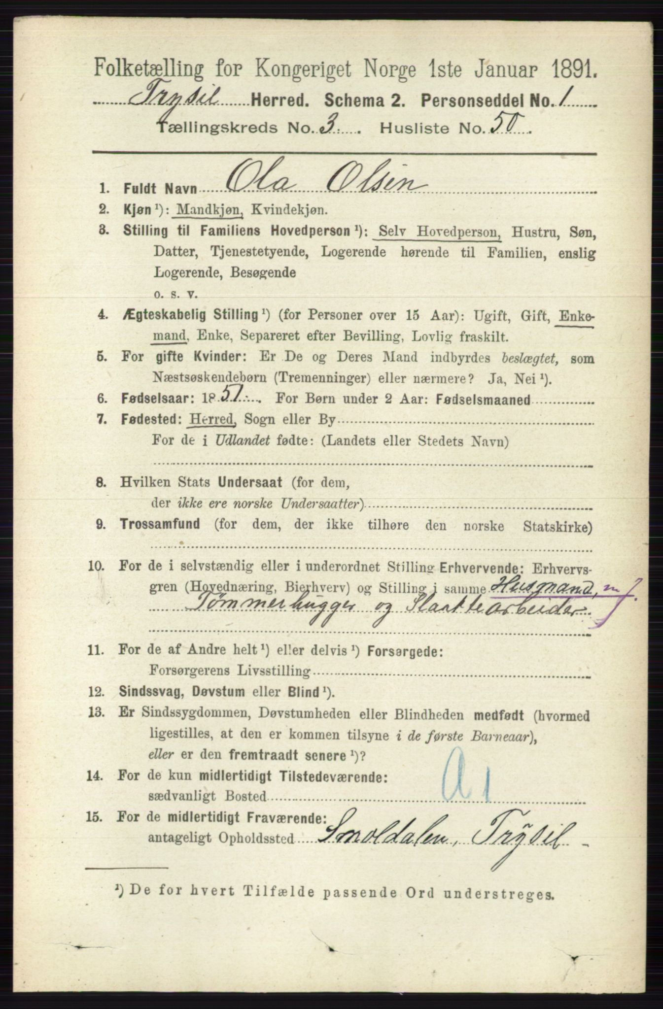 RA, 1891 census for 0428 Trysil, 1891, p. 1767