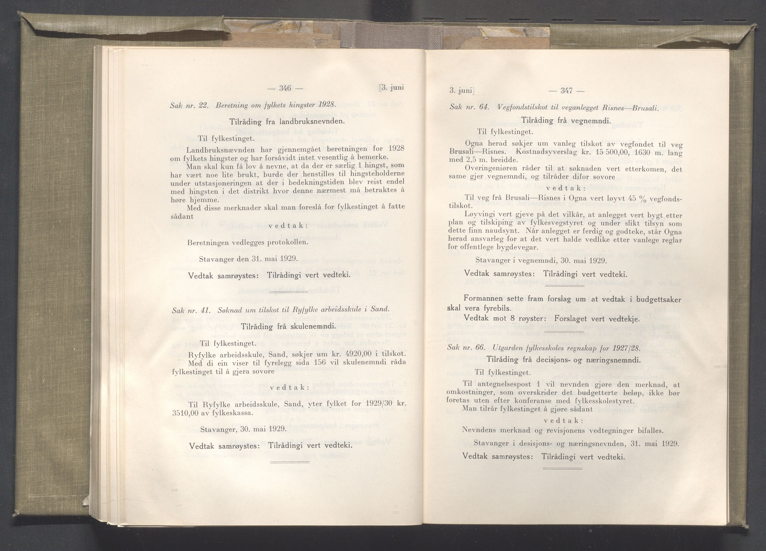 Rogaland fylkeskommune - Fylkesrådmannen , IKAR/A-900/A/Aa/Aaa/L0048: Møtebok , 1929, p. 346-347