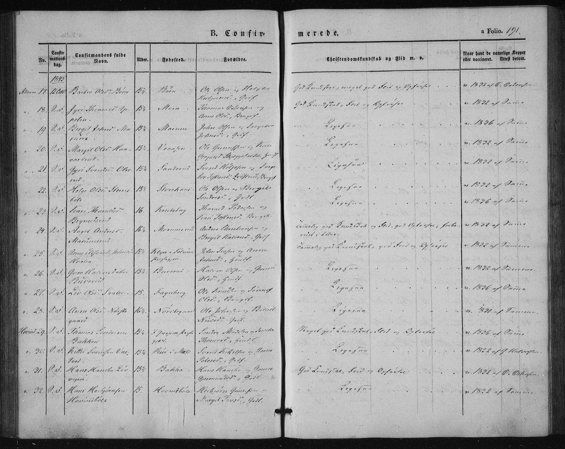 Tinn kirkebøker, AV/SAKO-A-308/F/Fa/L0005: Parish register (official) no. I 5, 1844-1856, p. 191