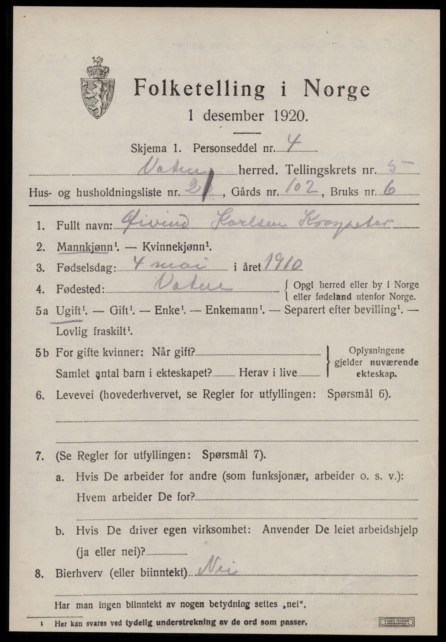 SAT, 1920 census for Vatne, 1920, p. 2448