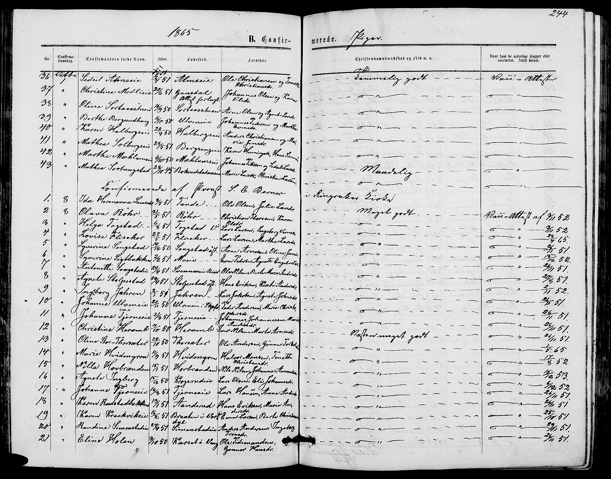 Ringsaker prestekontor, AV/SAH-PREST-014/L/La/L0007: Parish register (copy) no. 7, 1861-1869, p. 244