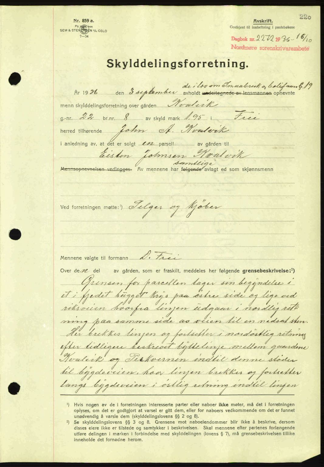 Nordmøre sorenskriveri, AV/SAT-A-4132/1/2/2Ca: Mortgage book no. A80, 1936-1937, Diary no: : 2272/1936