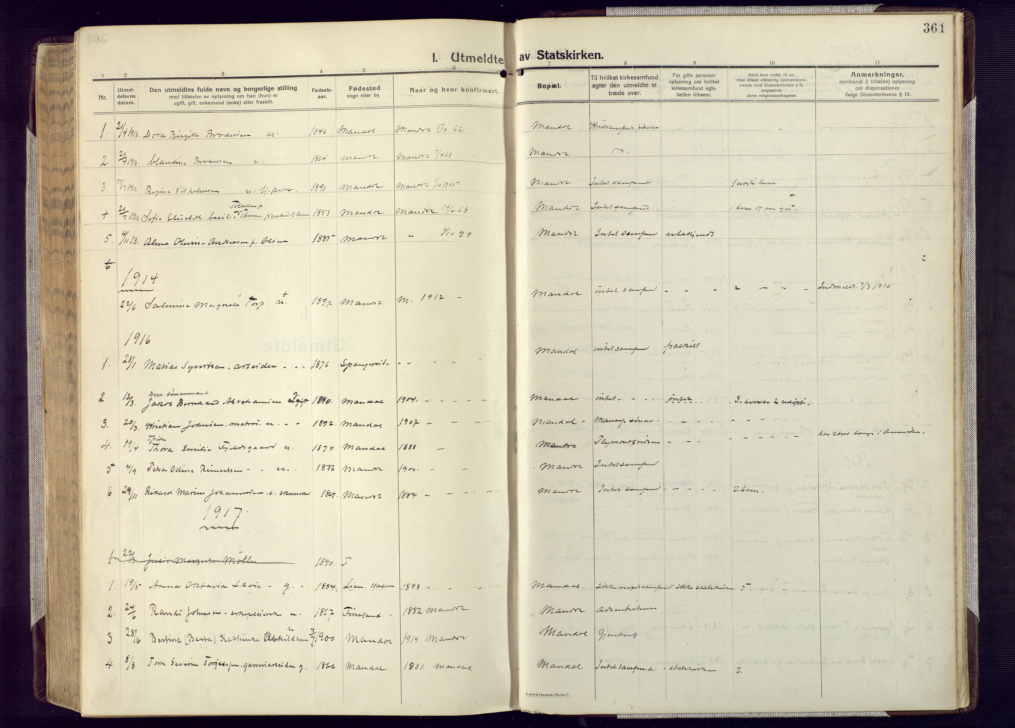 Mandal sokneprestkontor, SAK/1111-0030/F/Fa/Fac/L0001: Parish register (official) no. A 1, 1913-1925, p. 361