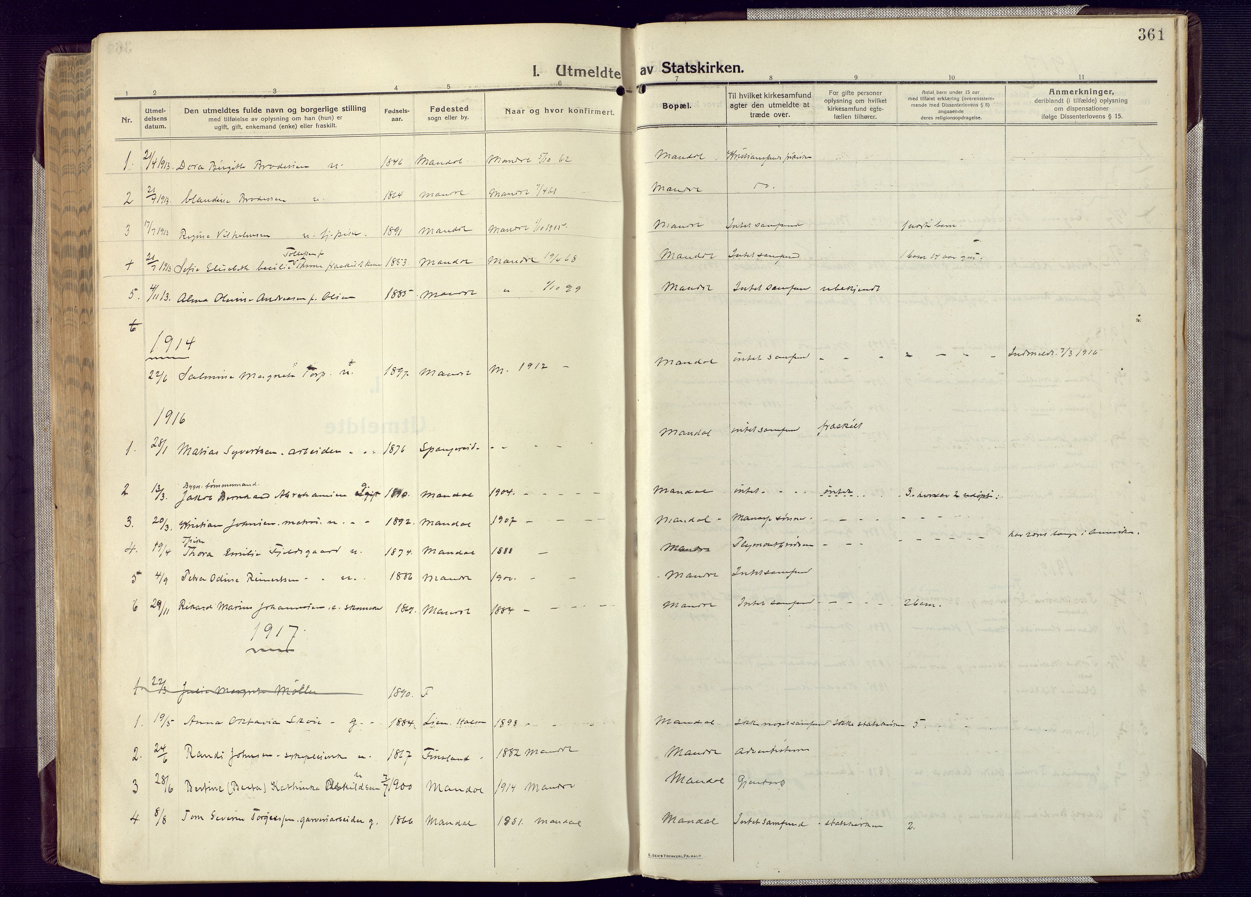 Mandal sokneprestkontor, AV/SAK-1111-0030/F/Fa/Fac/L0001: Parish register (official) no. A 1, 1913-1925, p. 361