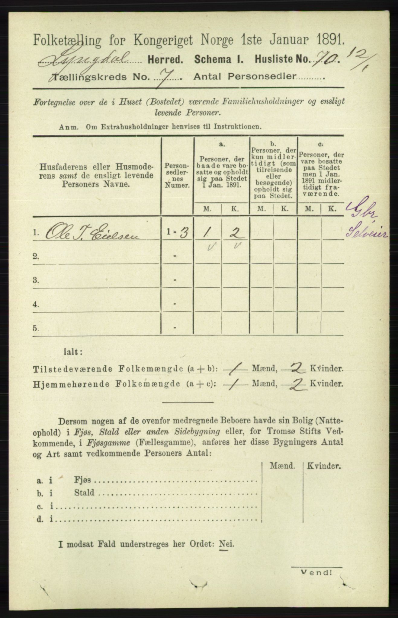 RA, 1891 census for 1032 Lyngdal, 1891, p. 2927