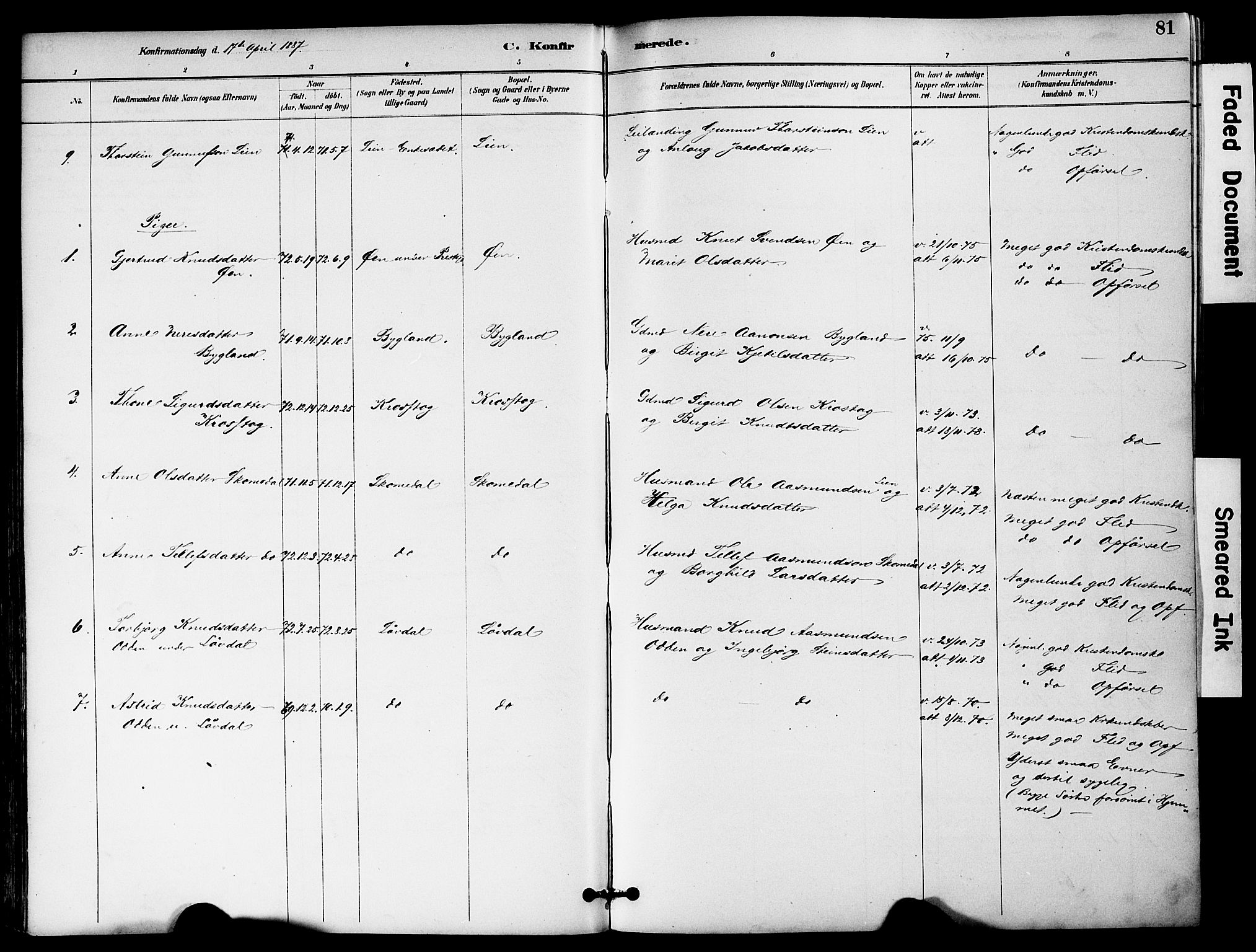 Bygland sokneprestkontor, AV/SAK-1111-0006/F/Fa/Fab/L0007: Parish register (official) no. A 7, 1885-1909, p. 81