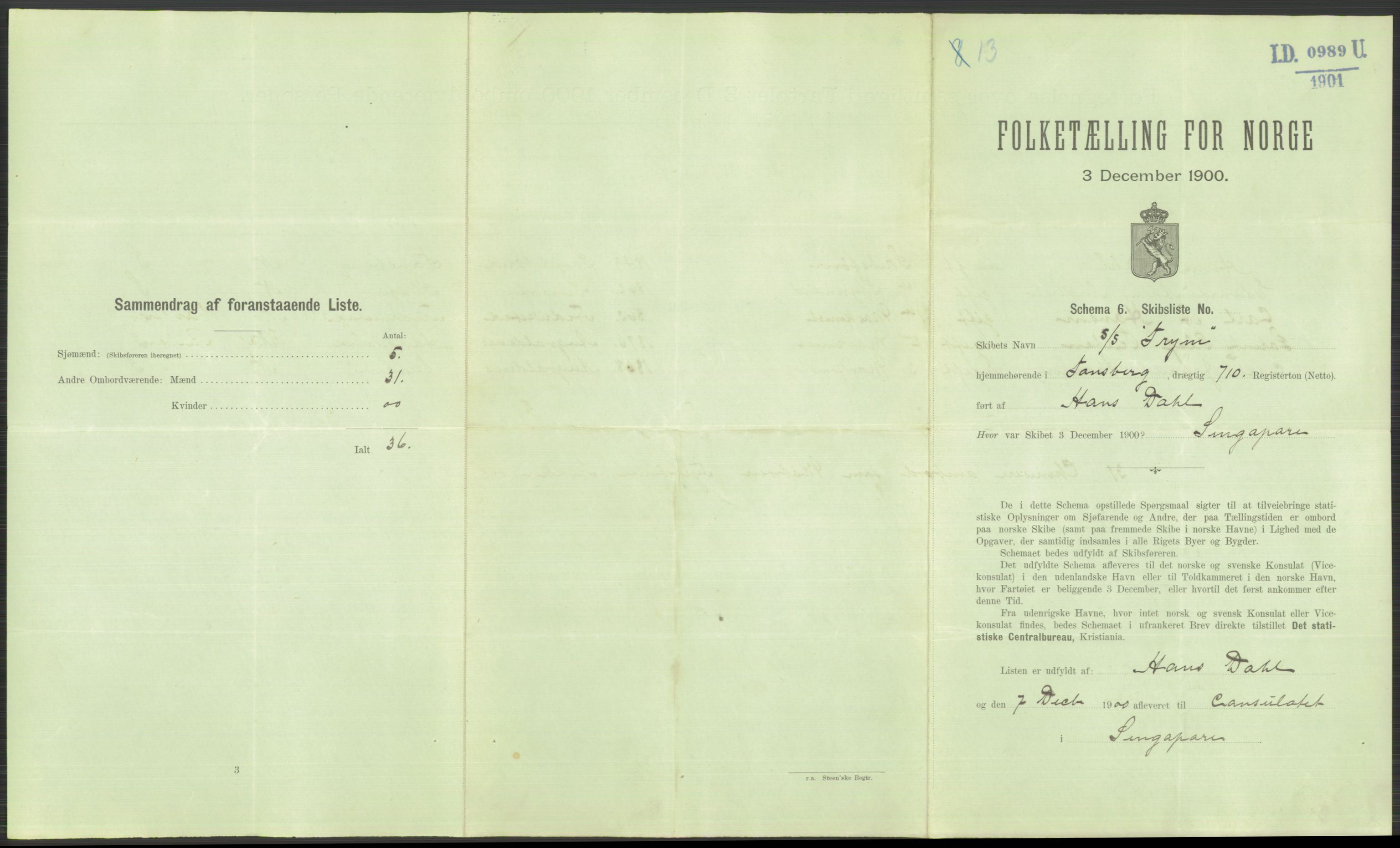 RA, 1900 Census - ship lists from ships in Norwegian harbours, harbours abroad and at sea, 1900, p. 5003