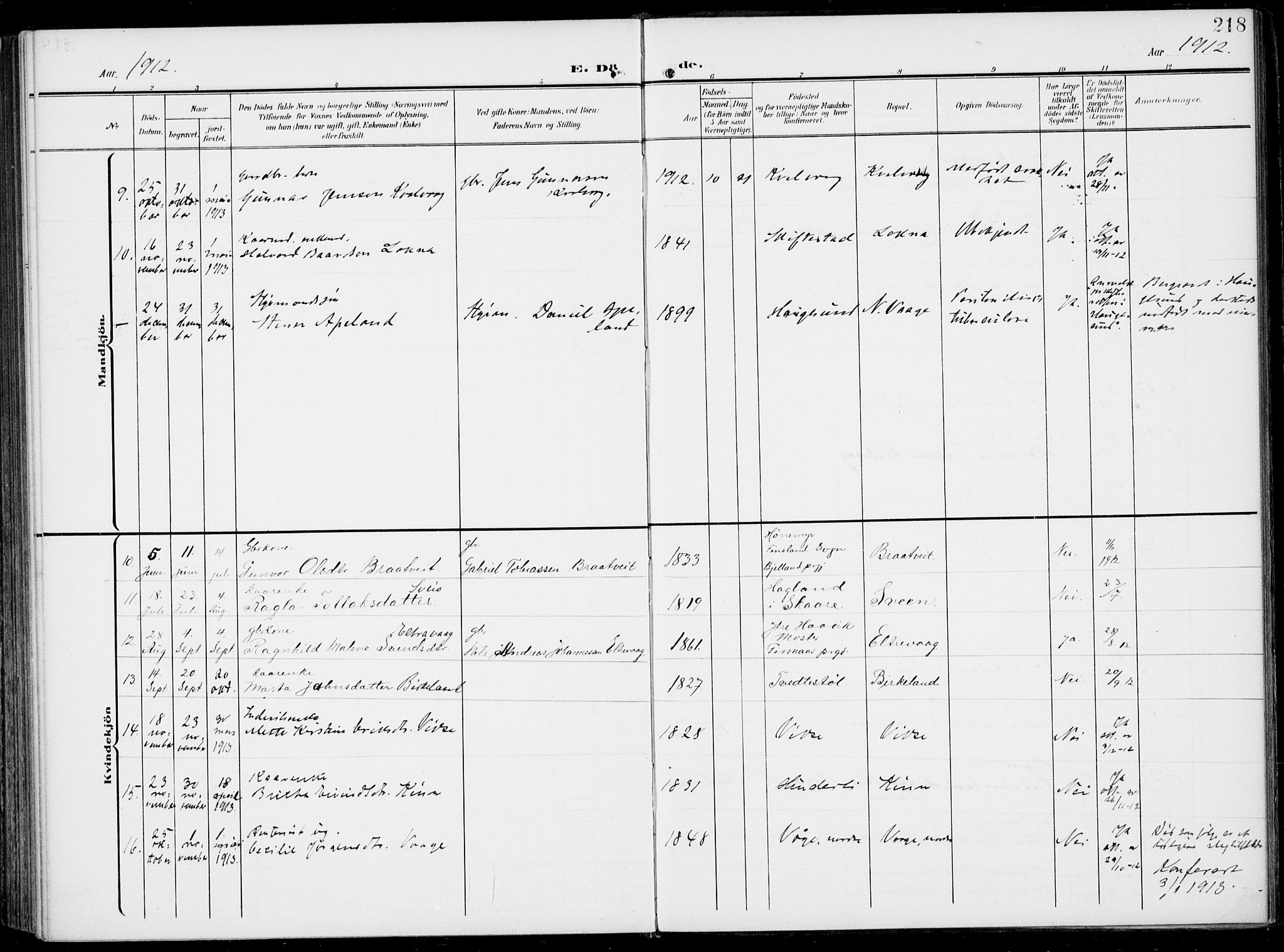 Sveio Sokneprestembete, AV/SAB-A-78501/H/Haa: Parish register (official) no. B  4, 1906-1919, p. 218