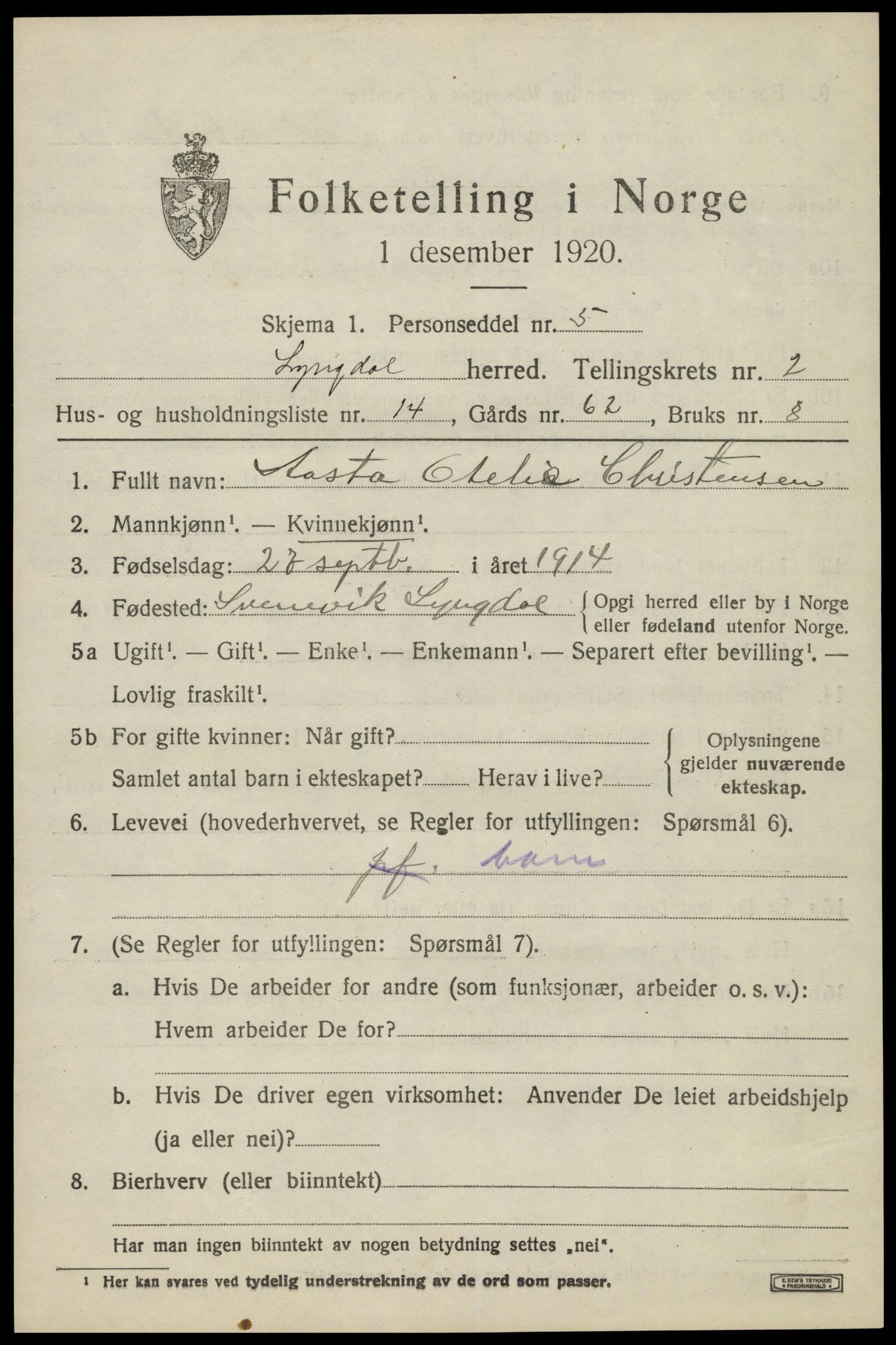 SAK, 1920 census for Lyngdal, 1920, p. 1703