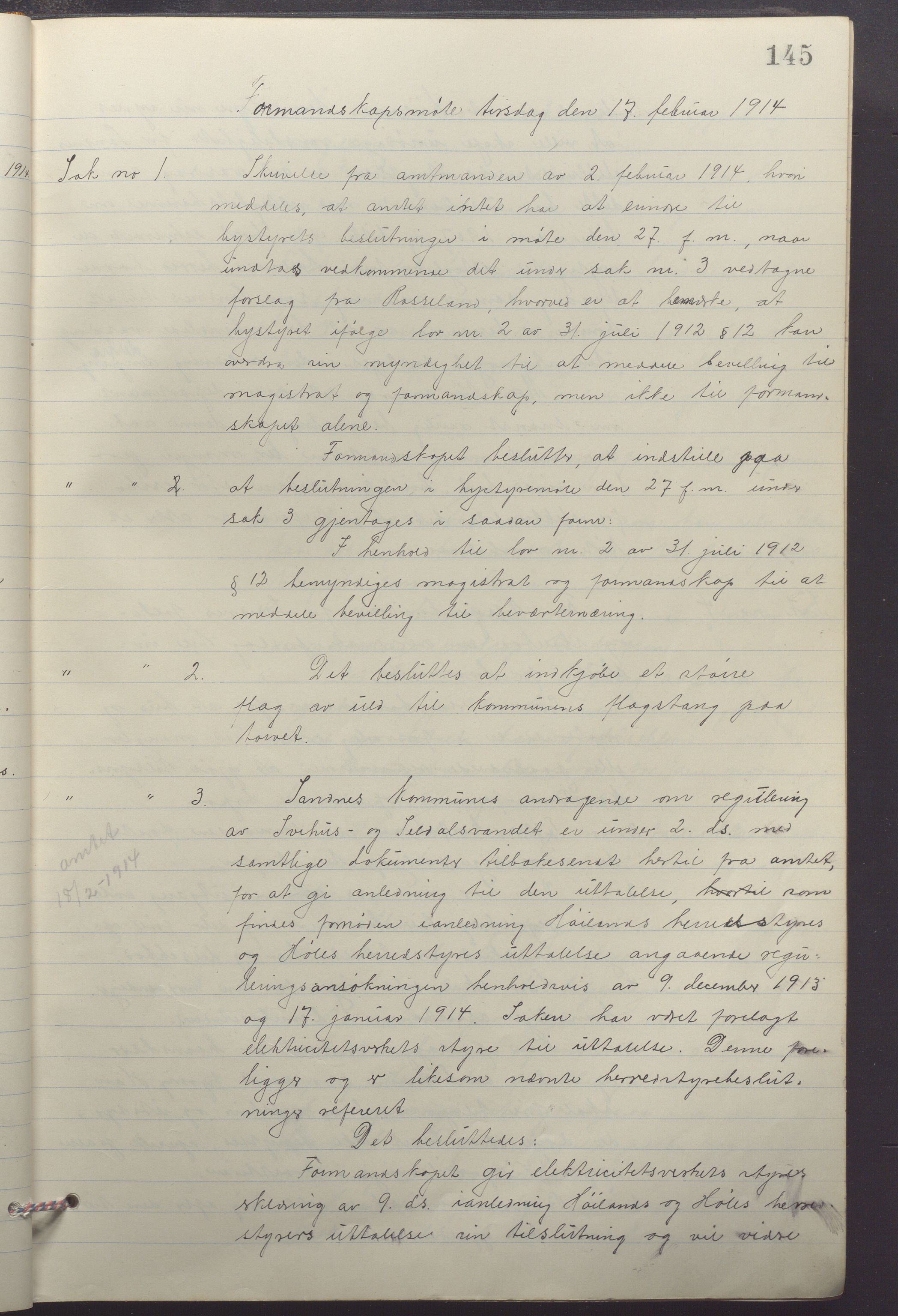 Sandnes kommune - Formannskapet og Bystyret, IKAR/K-100188/Aa/L0008: Møtebok, 1913-1917, p. 145