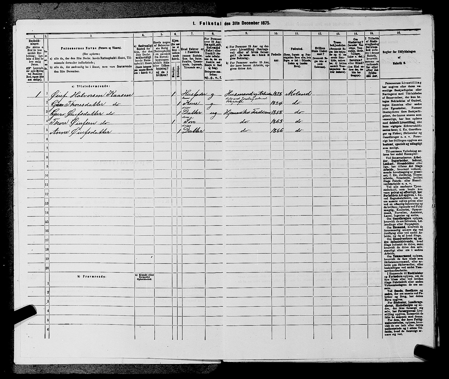 SAKO, 1875 census for 0831P Moland, 1875, p. 444