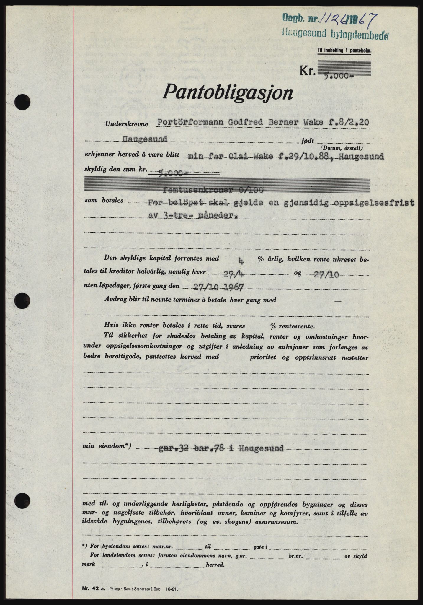 Haugesund tingrett, SAST/A-101415/01/II/IIC/L0056: Mortgage book no. B 56, 1966-1967, Diary no: : 1126/1967