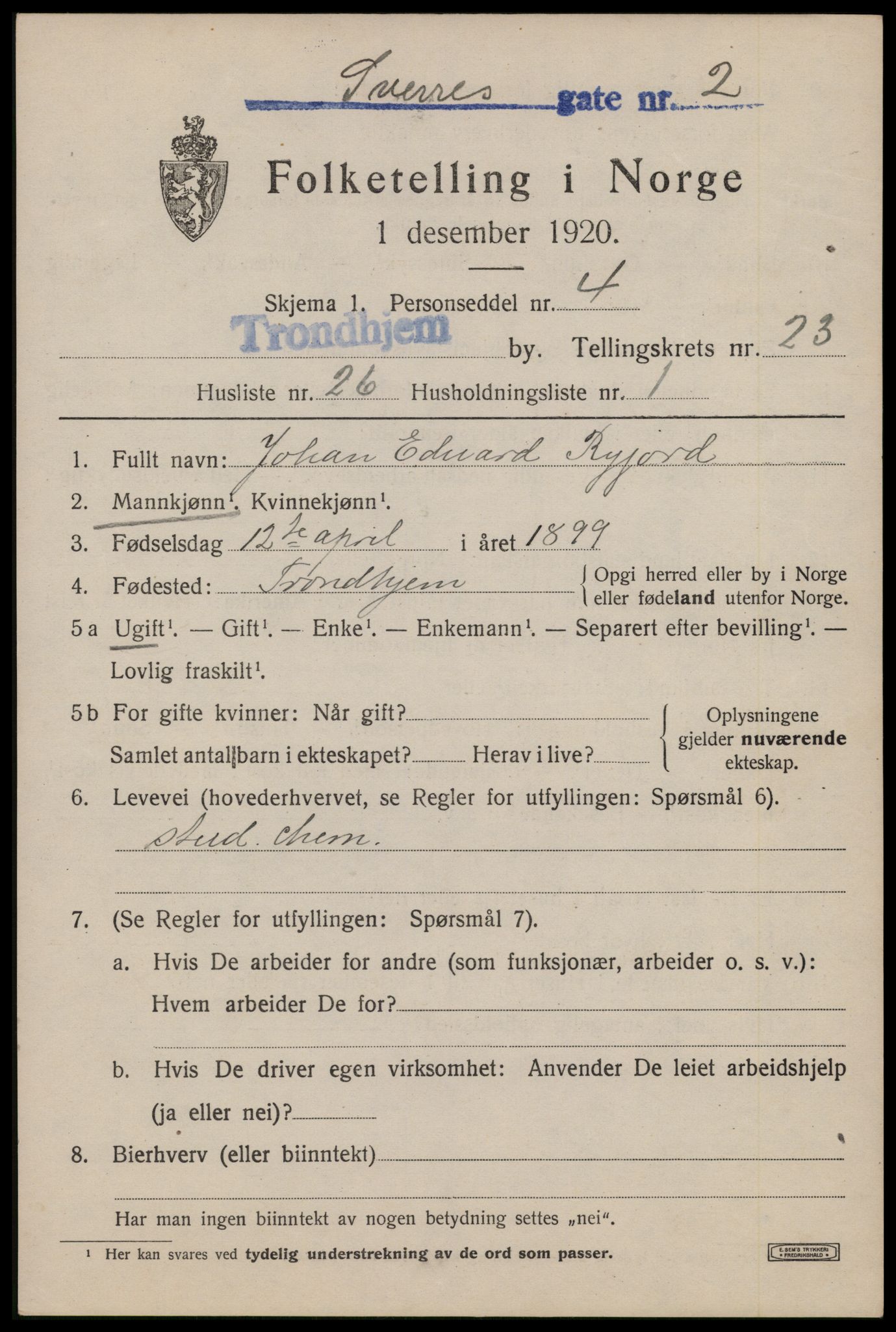 SAT, 1920 census for Trondheim, 1920, p. 65098