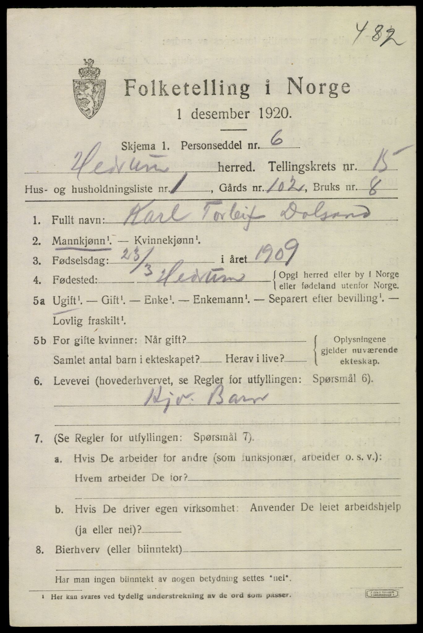 SAKO, 1920 census for Hedrum, 1920, p. 9893