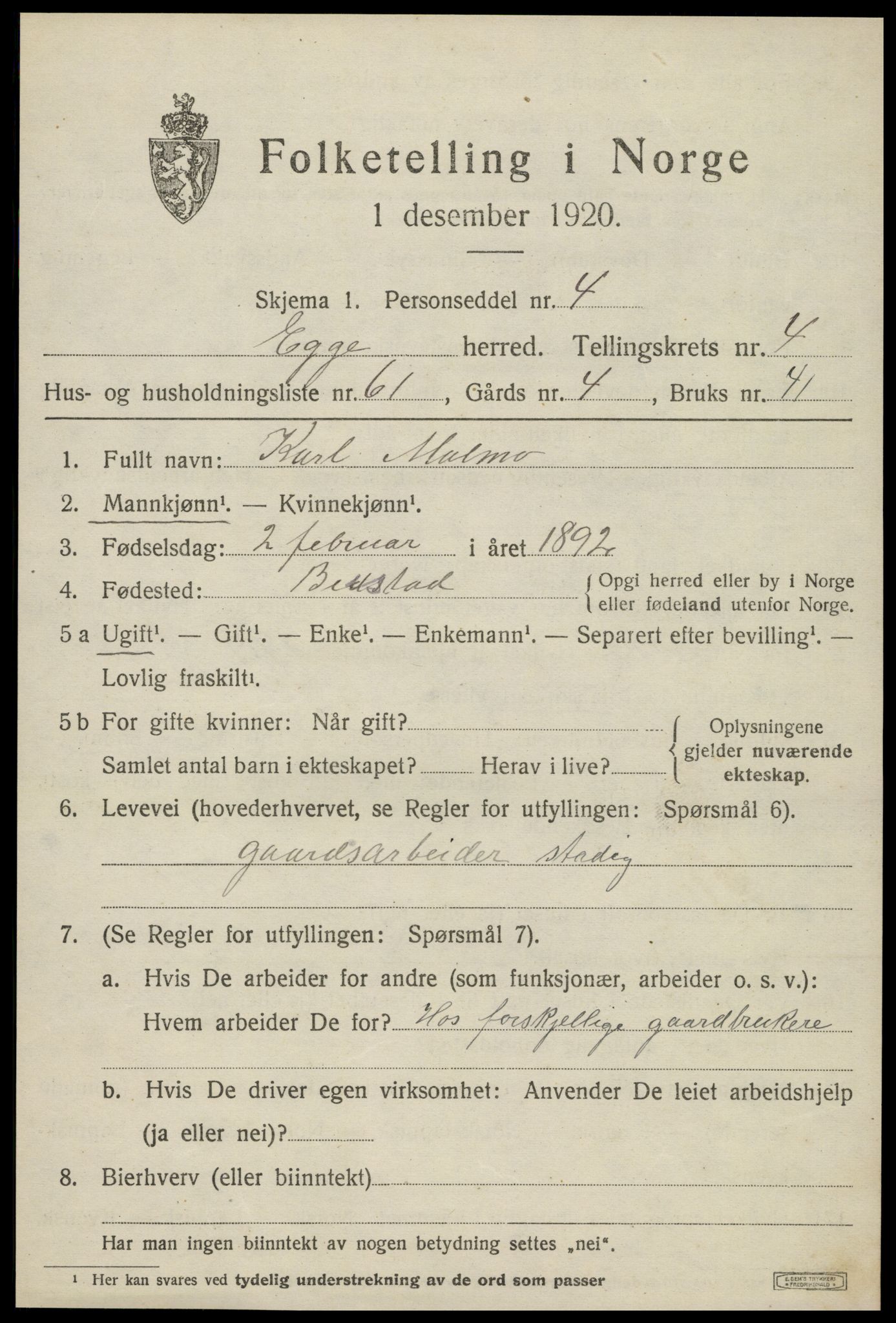 SAT, 1920 census for Egge, 1920, p. 3206