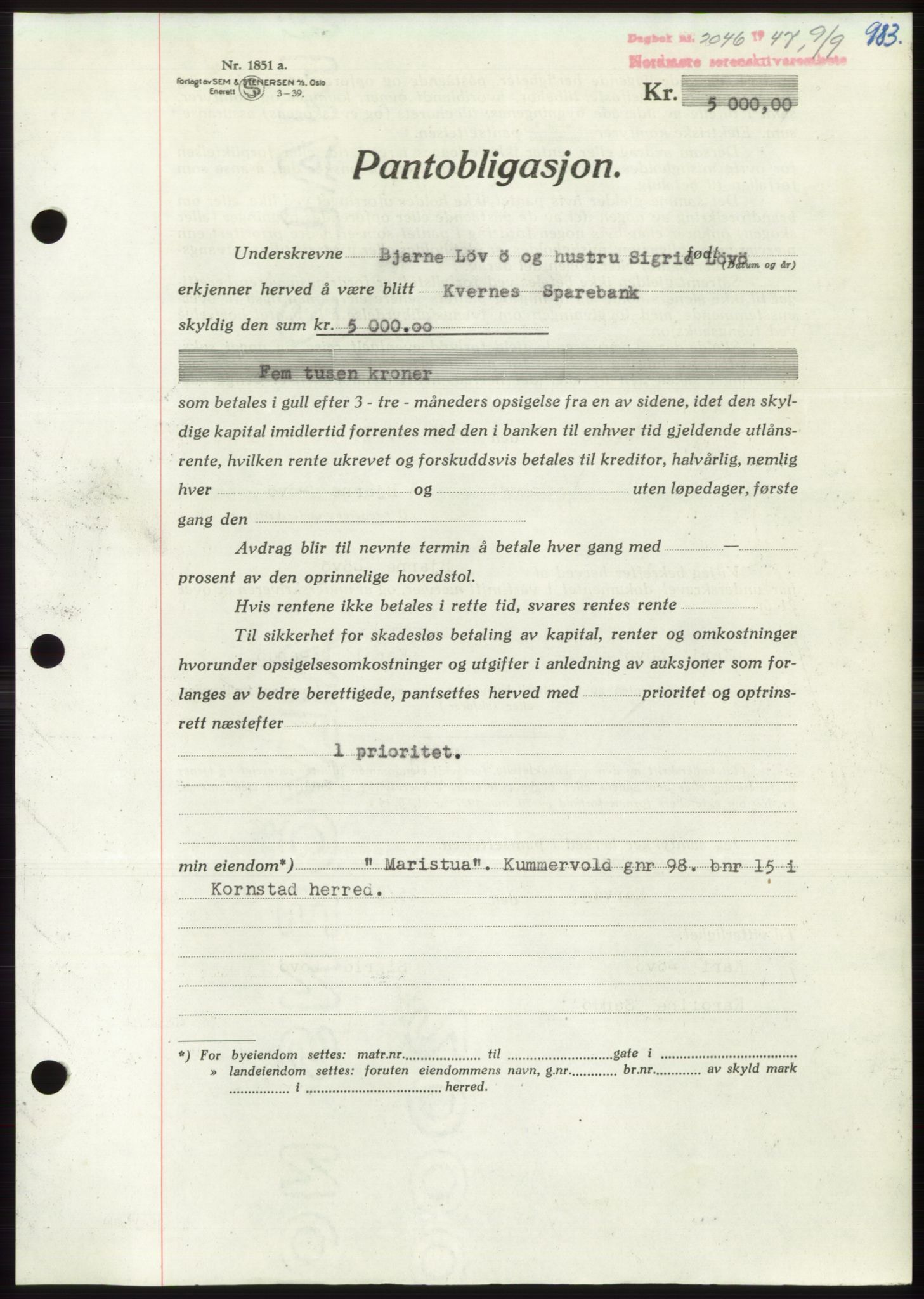 Nordmøre sorenskriveri, AV/SAT-A-4132/1/2/2Ca: Mortgage book no. B96, 1947-1947, Diary no: : 2046/1947