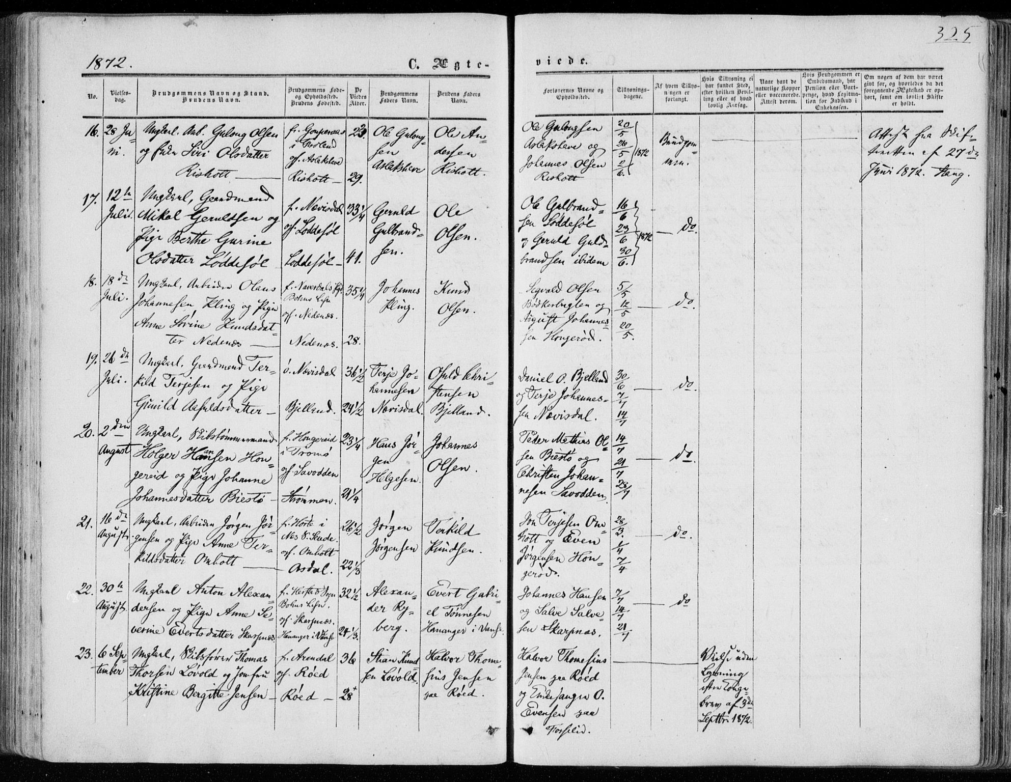 Øyestad sokneprestkontor, AV/SAK-1111-0049/F/Fa/L0015: Parish register (official) no. A 15, 1857-1873, p. 325