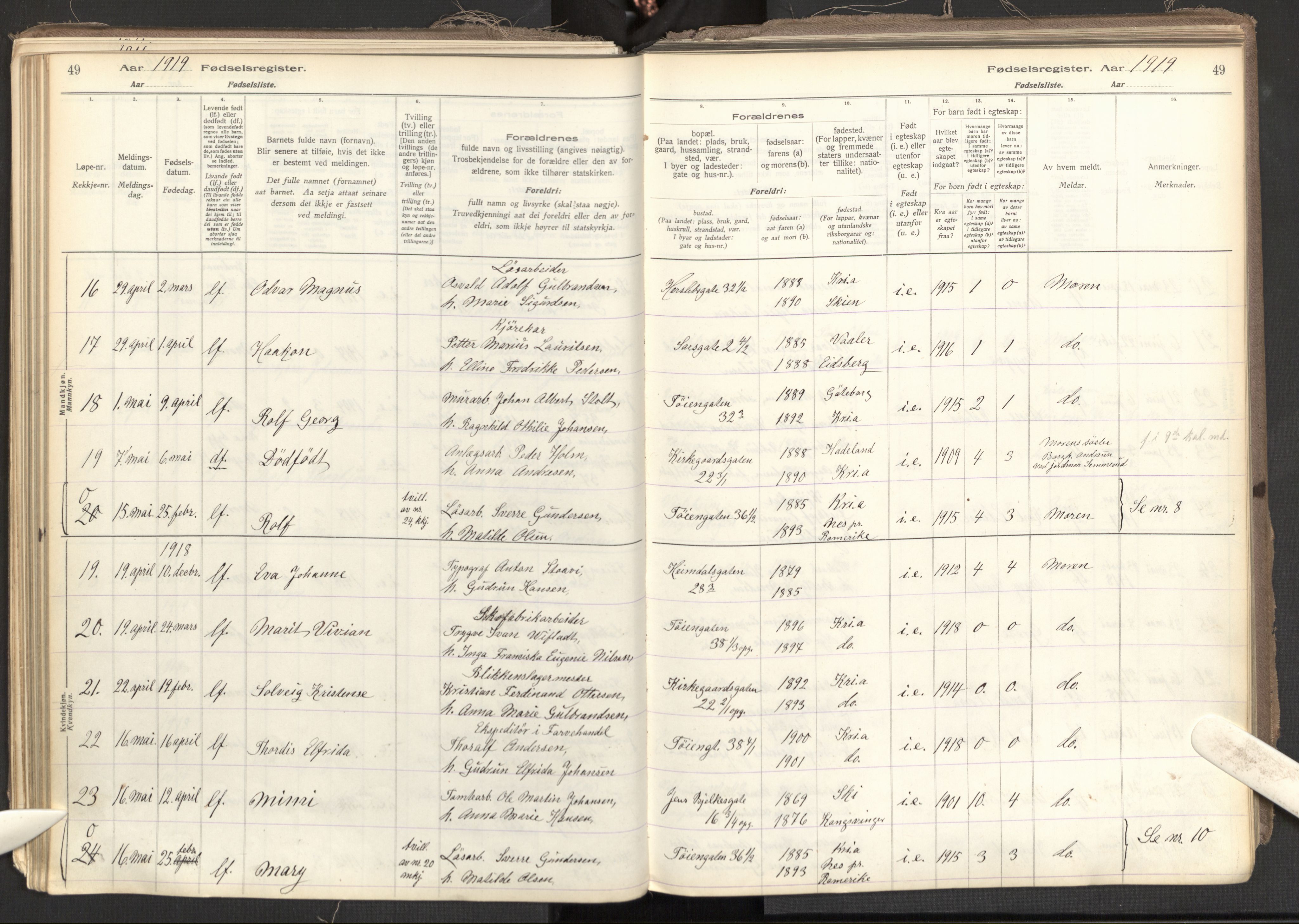 Tøyen prestekontor Kirkebøker, AV/SAO-A-10167a/J/Ja/L0001: Birth register no. 1, 1916-1944, p. 49