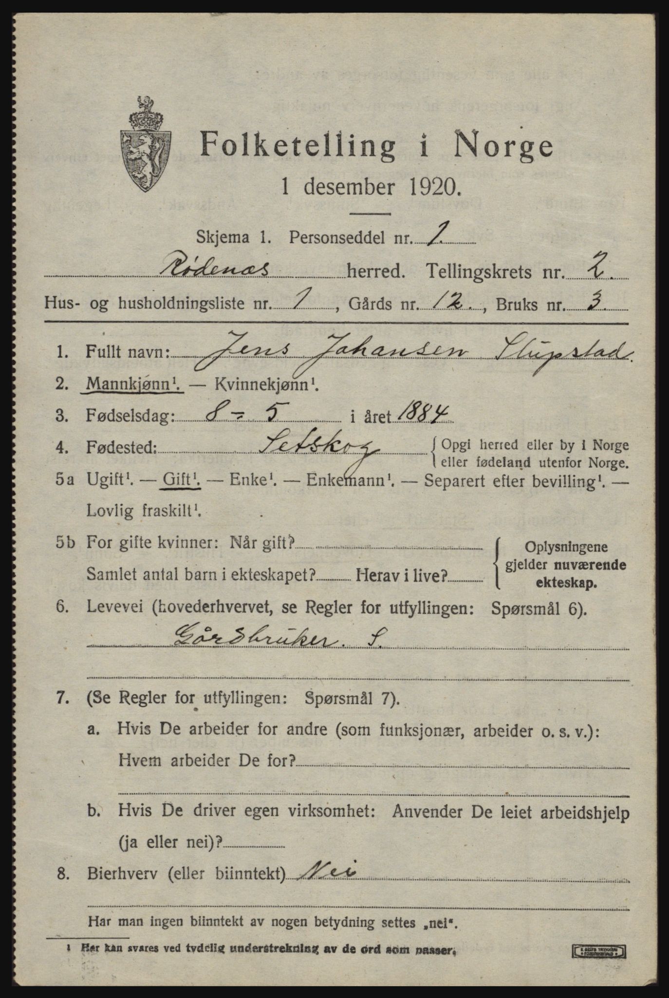 SAO, 1920 census for Rødenes, 1920, p. 1096