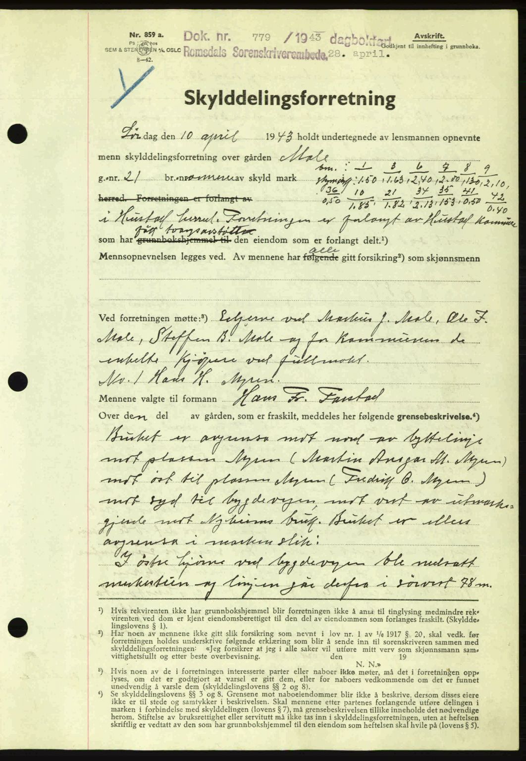 Romsdal sorenskriveri, AV/SAT-A-4149/1/2/2C: Mortgage book no. A14, 1943-1943, Diary no: : 779/1943